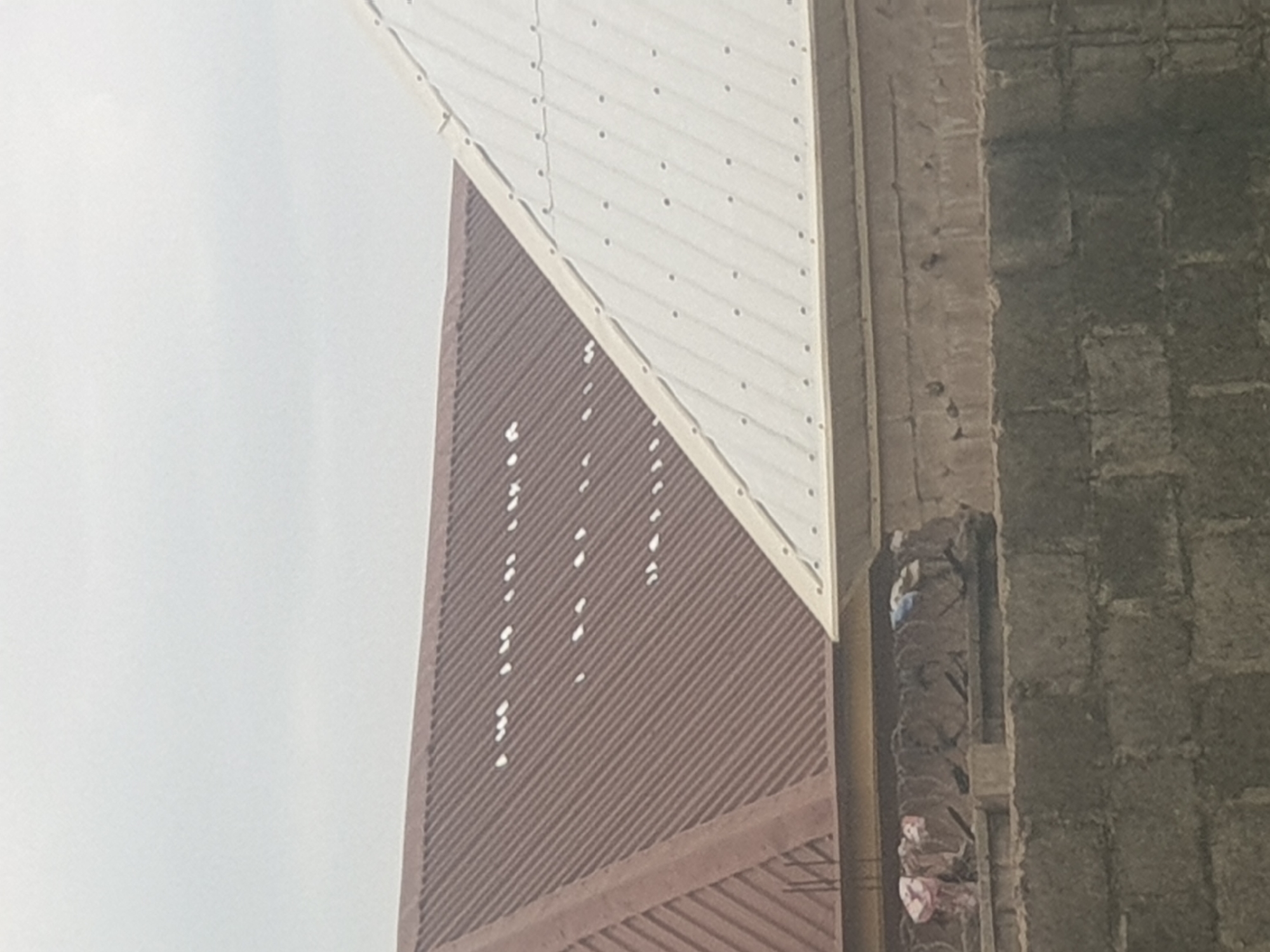 The image shows a view of two corrugated metal roofs, one brown and one white, meeting at an angle. The brown roof has several irregular white splotches scattered across its surface. The white roof appears to be newer and has a neat row of fasteners along its ridgeline. Below the roofs, a brick wall is visible with some items hanging on a clothesline in the background. The sky is overcast and appears a pale gray. The scene suggests an outdoor environment, likely a residential or commercial area.