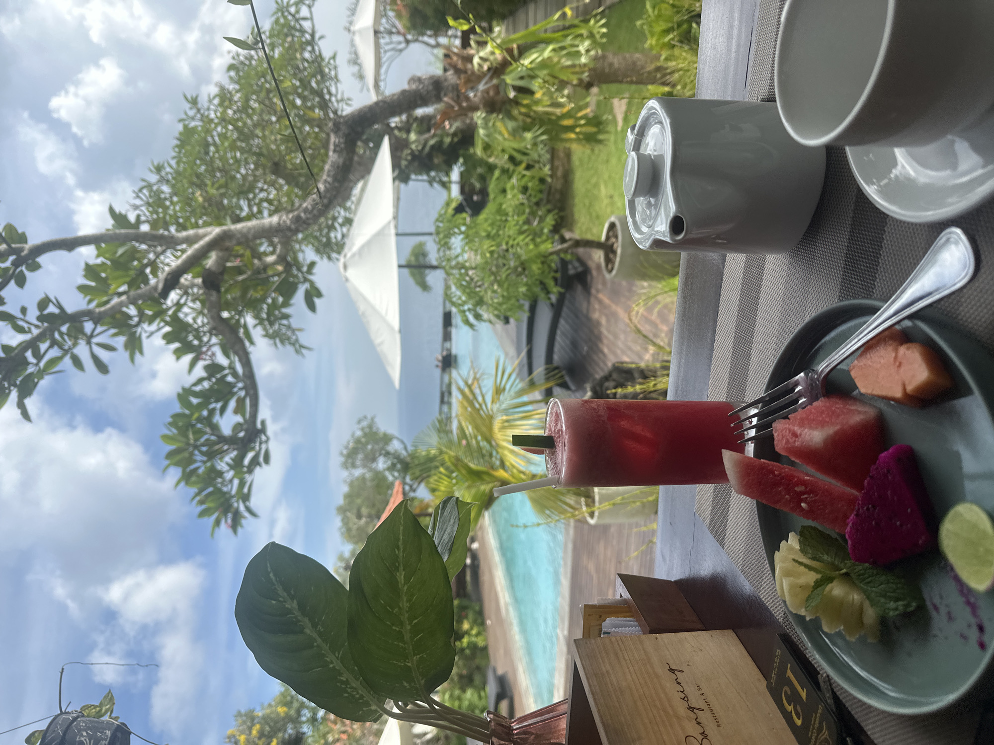 This vertical shot captures a serene outdoor dining experience at a tropical resort in Kuta Selatan, Indonesia, during bright daylight. In the immediate foreground, a table covered with a striped placemat holds a selection of breakfast or brunch items. A white ceramic teapot and a partial view of a matching teacup and saucer are positioned on the right.
The centerpiece of the table is a dark green plate laden with colorful fresh fruit: cubes of red watermelon, orange papaya, vibrant purple dragon fruit, and meticulously cut pineapple pieces garnished with a sprig of mint. A wedge of lime sits beside them, and a silver fork rests on the plate. To the left, a tall glass filled with a deep red beverage, likely watermelon juice, with a straw, is visible. A small potted plant with large green leaves adds a touch of natural decor to the left foreground.
Beyond the table, the view opens to a lush tropical landscape. Several frangipani-like trees with gnarled branches and green leaves are prominent against a blue sky dotted with white clouds. White parasols or umbrellas are scattered throughout the mid-ground, suggesting seating areas. A sparkling blue swimming pool with wooden decking is clearly visible, implying a luxurious resort setting. In the distance, glimpses of a body of water, possibly the ocean, can be seen beyond the trees and pool, enhancing the tranquil vacation atmosphere.
On the table, a wooden menu holder with black lettering is present. Partially visible text reads "Banyuping Restaurant & Bar" and the number "13". The overall scene evokes feelings of relaxation and indulgence in a beautiful, natural environment.