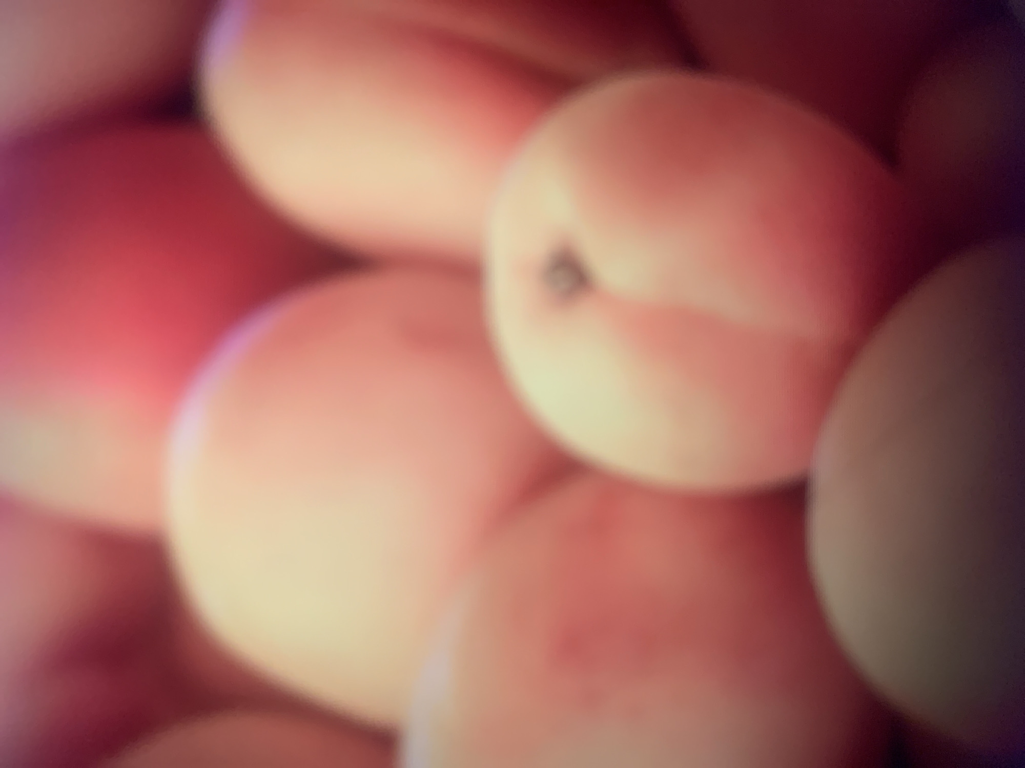 This is a close-up, blurred photograph of several apricots. The apricots are round and have a smooth skin, with a peachy-orange hue. Some of the apricots show a faint hint of red, suggesting ripeness. A subtle cleft or seam is visible on one of the apricots, which is characteristic of the fruit. The lighting in the image is soft and diffused, creating a warm and inviting atmosphere. The focus is intentionally soft, giving the image an artistic and dreamlike quality, almost as if the viewer is looking at them through a lens of soft light or water. The background is a bokeh of similar colors and soft shapes, further emphasizing the apricots as the central subjects. The overall impression is one of abundance and the natural beauty of fresh fruit.
