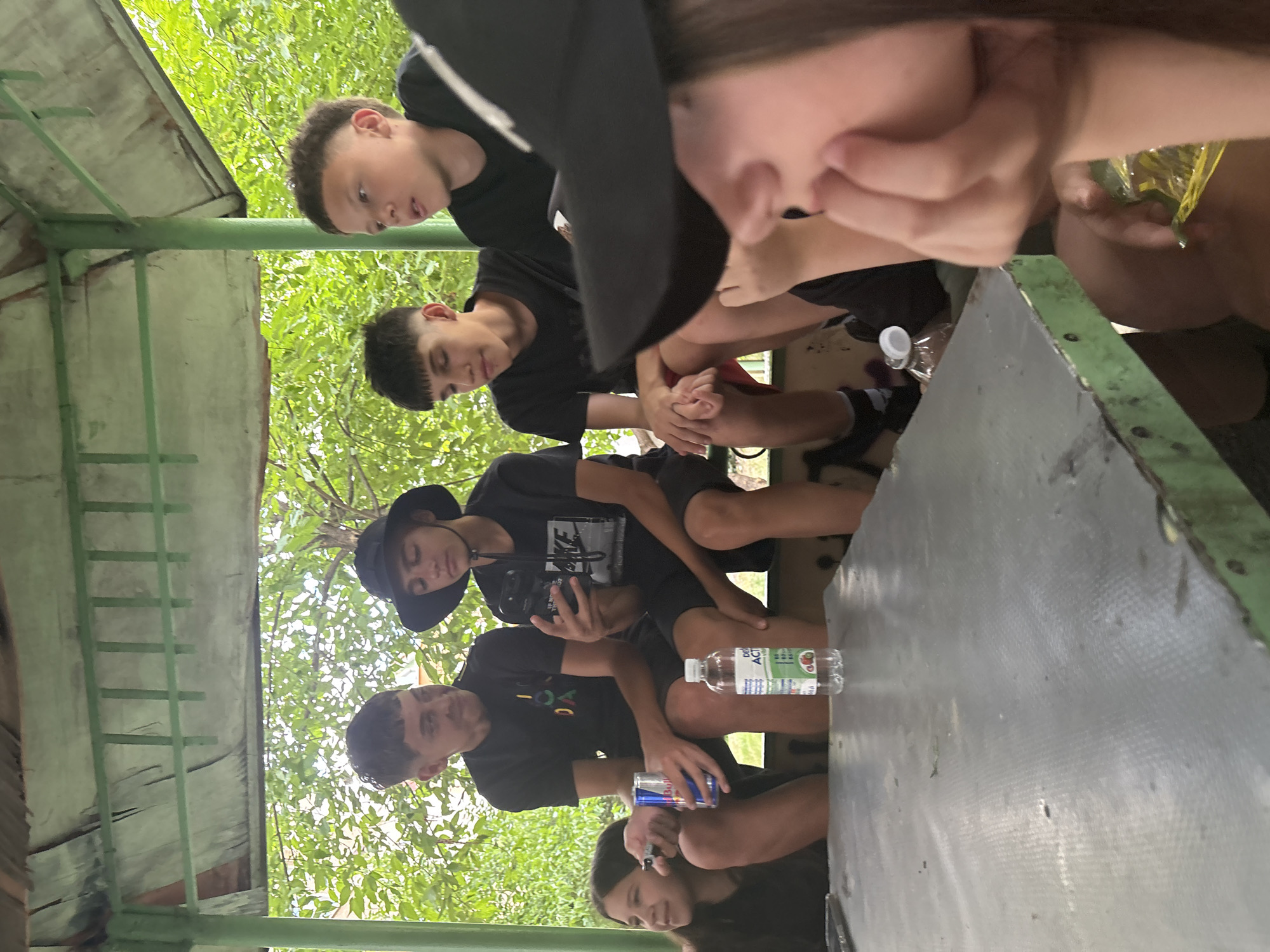 In Pleven, Bulgaria, a group of six young people, appearing to be teenagers and pre-teens, are gathered under a weathered, open-air canopy with a green metal frame and a light-colored, possibly tarpaulin roof. They are seated around a grey, possibly metal, table. In the foreground, a person wearing a black hat and dark clothing is partially visible, with their hand near their face. To the left, a girl with long dark hair is seated, holding a red can. Next to her, a young man in a black t-shirt is looking at a phone. He is holding a can of Red Bull. Beside him, another young man wears a black hat and a black t-shirt, also looking at a phone. To his right, a young man in a black t-shirt is looking forward. Further to the right, a young man in a black t-shirt is also looking forward. A plastic water bottle with a white label is placed on the table in front of the group. The background is filled with lush green foliage, suggesting an outdoor, possibly park-like, setting. The lighting indicates it is daytime, with natural light filtering through the trees and canopy.