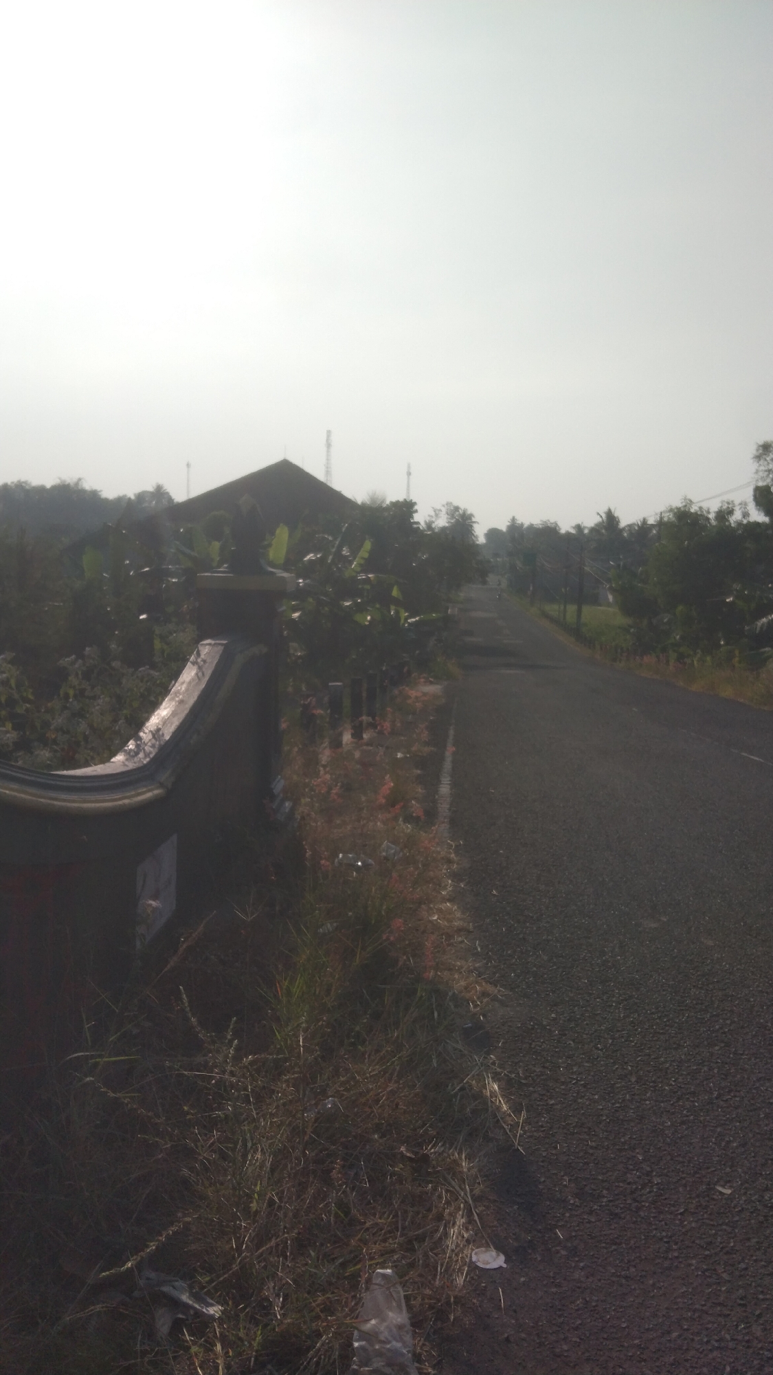 The image depicts a rural road in Argomulyo, Indonesia, under a bright, hazy sky. A dark asphalt road stretches into the distance, bordered by overgrown vegetation on the left and a grassy verge on the right. A dark, curved concrete structure, possibly a bridge or overpass railing, occupies the lower left portion of the frame, with dry grass and some scattered litter at its base. Beyond the railing, dense foliage, including banana trees, surrounds a dark-roofed building with a prominent, pointed gable. Several communication towers are visible above the trees in the background. The overall scene suggests a somewhat neglected rural area.