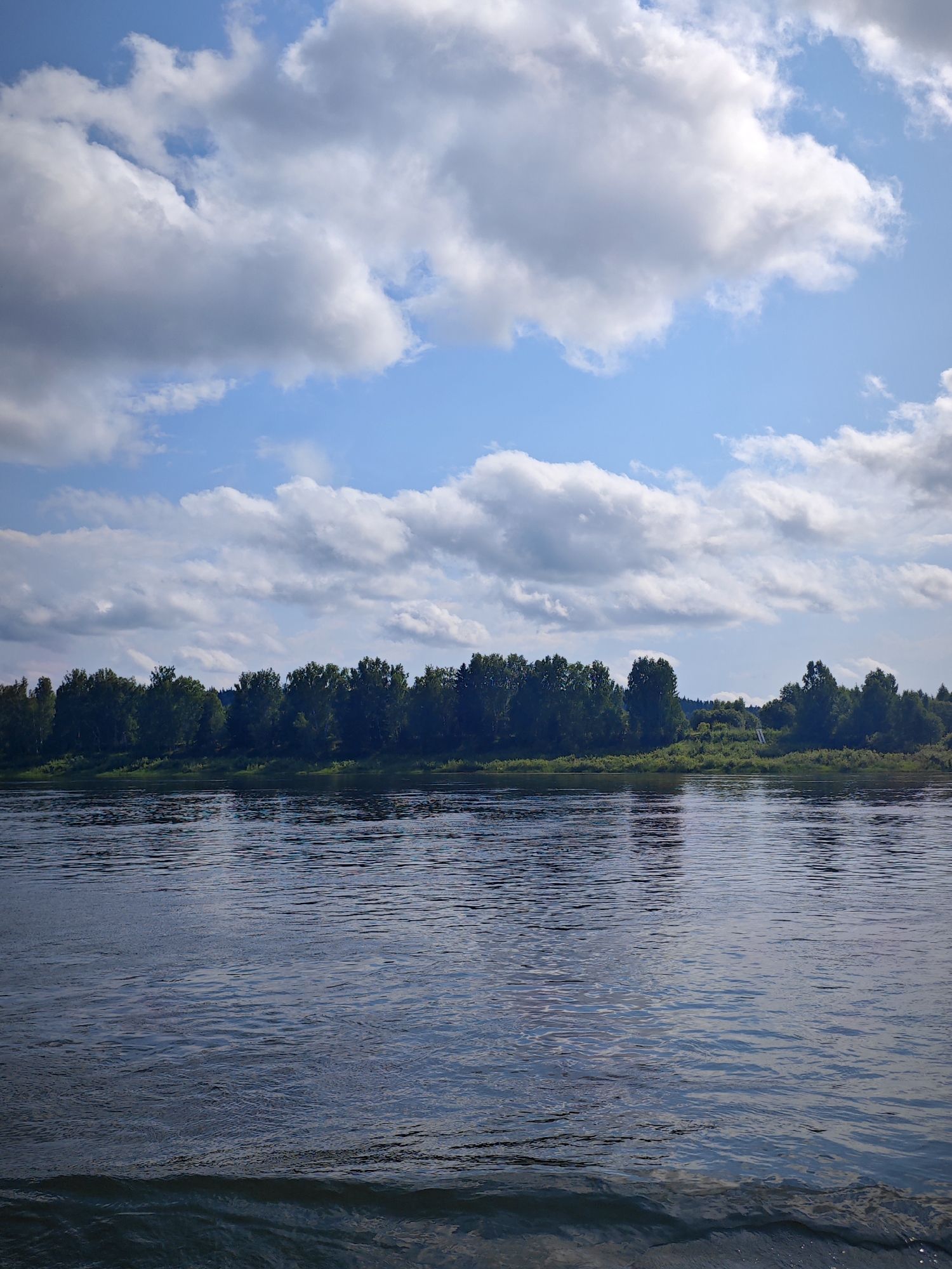The image captures a serene riverside scene under a partly cloudy sky. The foreground is dominated by a wide, calm river with gentle ripples reflecting the sky and distant trees. The water appears dark blue, suggesting depth. Along the far bank, a dense line of lush green trees forms a natural barrier, with some areas of lighter green vegetation closer to the water's edge. In the distance, the landscape gently slopes upwards, with more trees visible against the horizon. The sky above is a vibrant blue, interspersed with large, fluffy white and gray clouds, creating a dynamic contrast. The overall impression is one of natural beauty and tranquility, likely an outdoor environment in or near Savino, Russia, a town situated along the Ubort River. There are no people or man-made structures immediately visible in the frame, emphasizing the natural landscape.