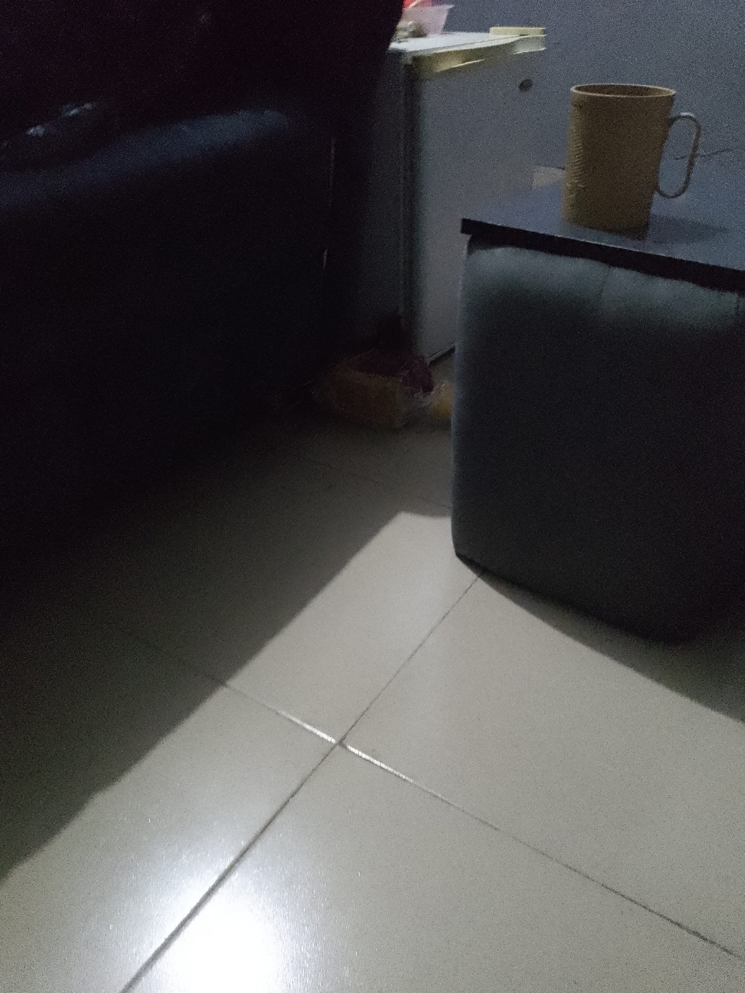 A mug rests on a dark table, which is placed next to a dark sofa. To the right of the sofa is a refrigerator, and a beam of light shines across the floor from the left.