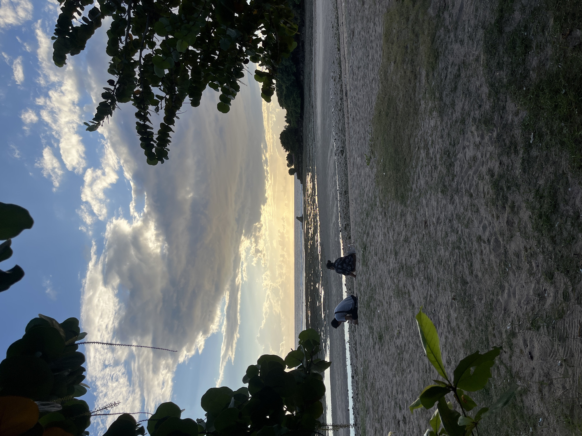 Two people are on a sandy beach in Kuta Selatan, Indonesia at sunset. One person is wearing a floral print dress, and the other is wearing a light-colored shirt. Both are bent over, appearing to be looking at something on the ground. The scene is framed by trees and foliage. The sky is filled with clouds.