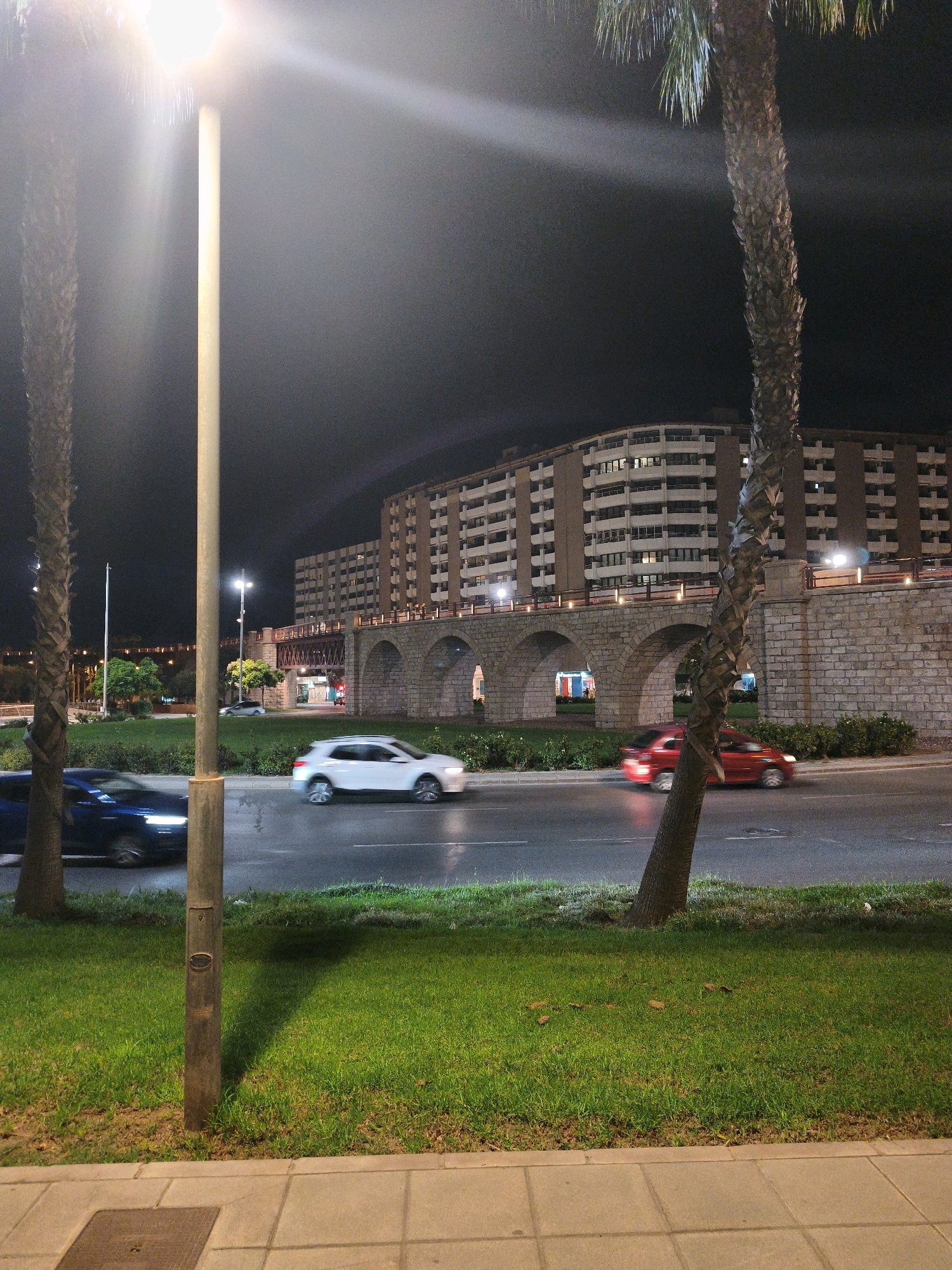 This is a nighttime photograph taken in Almería, Spain, likely near the Jardín de la Estatua or along the Paseo Marítimo. The image captures a street scene with a prominent street lamp in the foreground, its bright light creating a significant glare and casting shadows. To the left and right of the street lamp are two palm trees. A road runs horizontally across the middle ground, with a dark blue car on the left and a white SUV on the right in motion, indicated by motion blur. Beyond the road is a grassy area and then a large, multi-story building with many windows, some of which are illuminated. In front of the building is a stone bridge with several arched openings. A red car is visible in motion on the road, towards the right side of the frame. The sky is dark, suggesting it is late at night. The overall impression is an urban nighttime environment illuminated by artificial light.