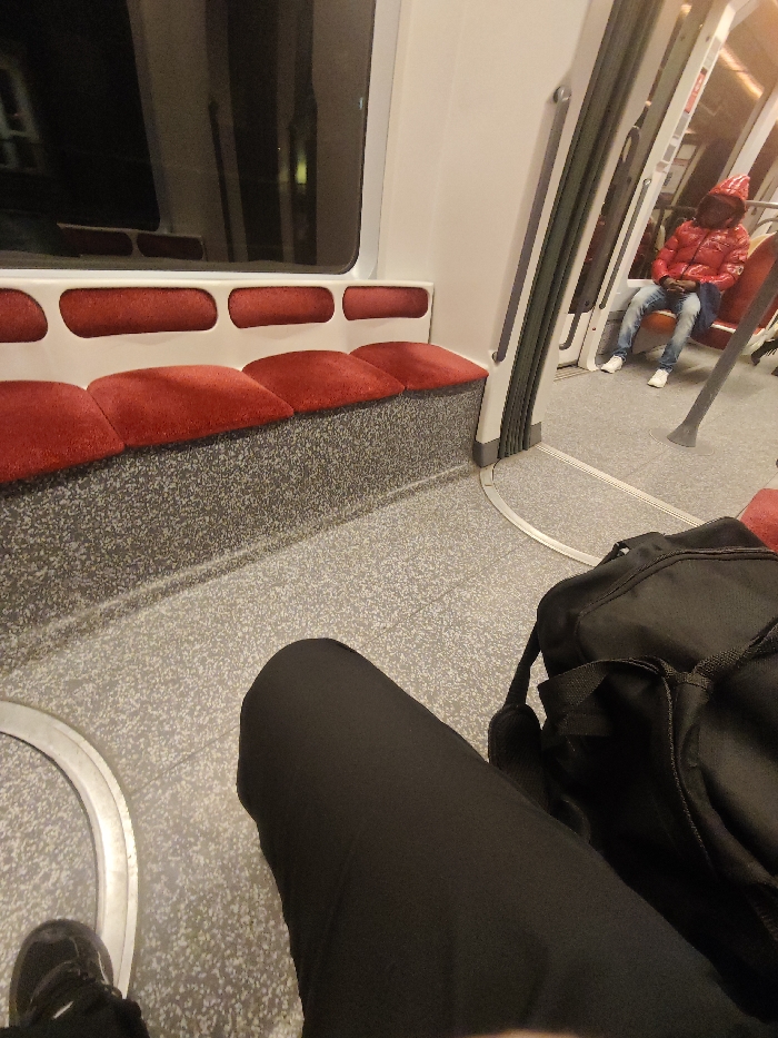 Inside a train car, a passenger sits with a black bag beside them. The seating is upholstered in red. In the background, another passenger wearing a red puffer jacket and jeans sits across the aisle. The train car has large windows, with the seat backs constructed with gray speckled material. The floor of the train is also a gray speckled material.