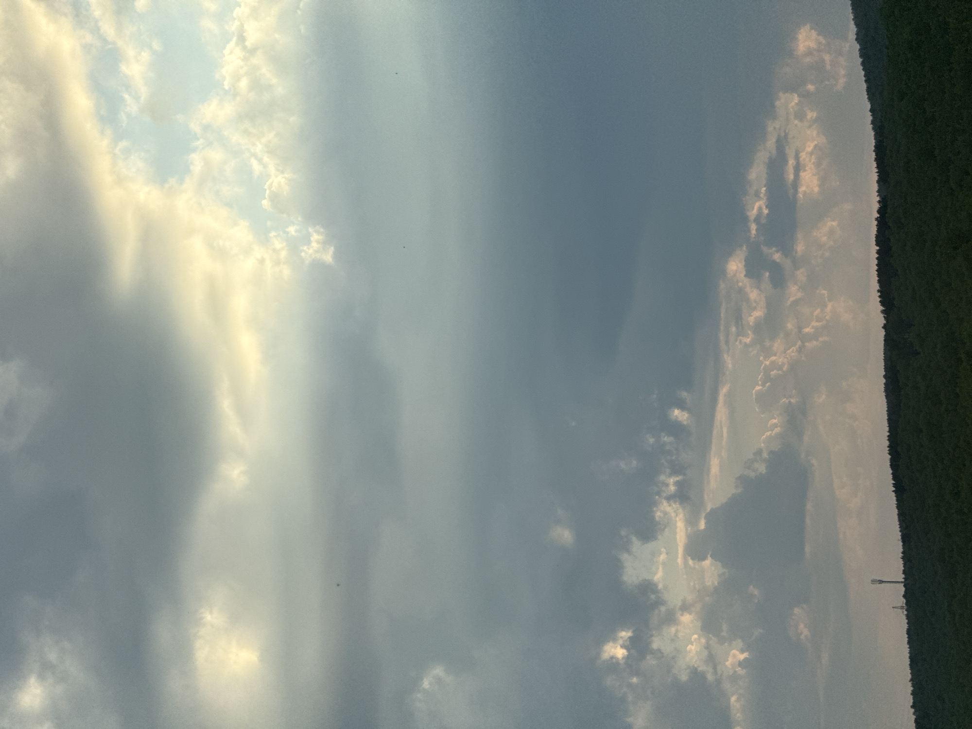 A wide-angle shot captures a cloudy sky over a dense forest. The sun, partially obscured by clouds, casts a warm glow on the upper left portion of the sky, illuminating the wispy white and grey clouds. The lower portion of the sky is a muted blue, with scattered patches of light clouds. The right side of the image is dominated by a dark green forest, with the tops of trees creating a jagged horizon. In the distance, a single communication tower is visible against the sky. The lighting suggests it is late afternoon or early evening. The scene evokes a sense of natural beauty and tranquility. No people, objects, or visible text are present in the image.