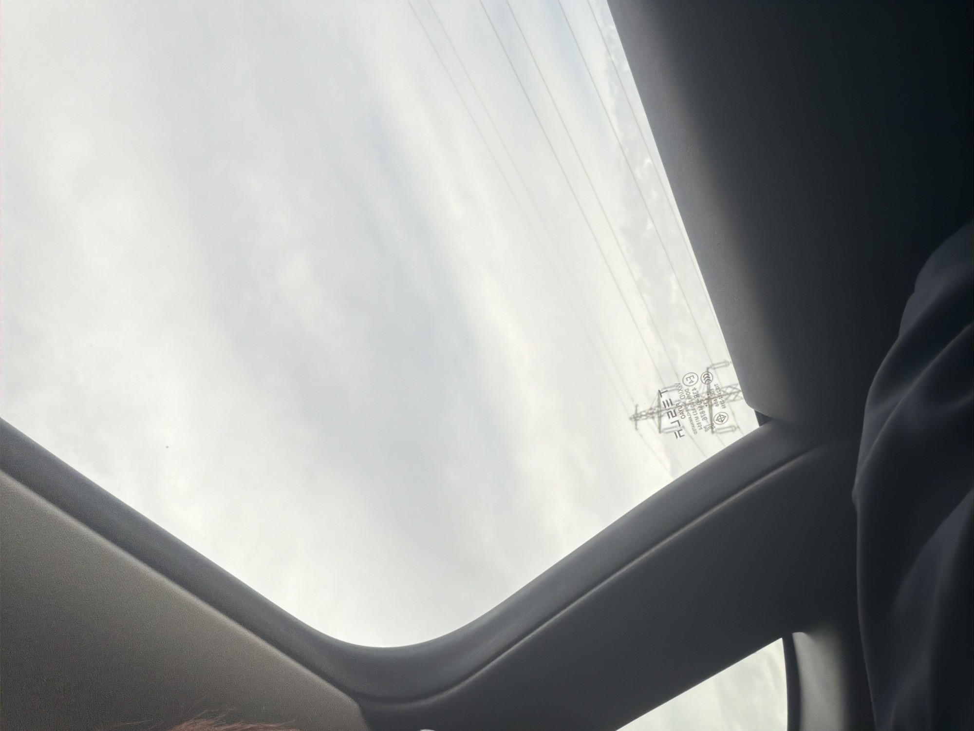 The image captures a view from inside a vehicle, looking out through the windows. In the foreground, the dark interior of the car is visible, including a portion of what appears to be a person's shoulder and clothing. Through the side window, the overcast sky dominates the frame, with several power lines stretching horizontally across the scene. On the right side of the window, a large electrical pylon is visible, with text and symbols printed on the glass in front of it. The overall lighting suggests a cloudy or dimly lit day. The scene does not provide any specific visual cues to indicate it is in Vallensbæk Landsby, Denmark, or any other specific city.