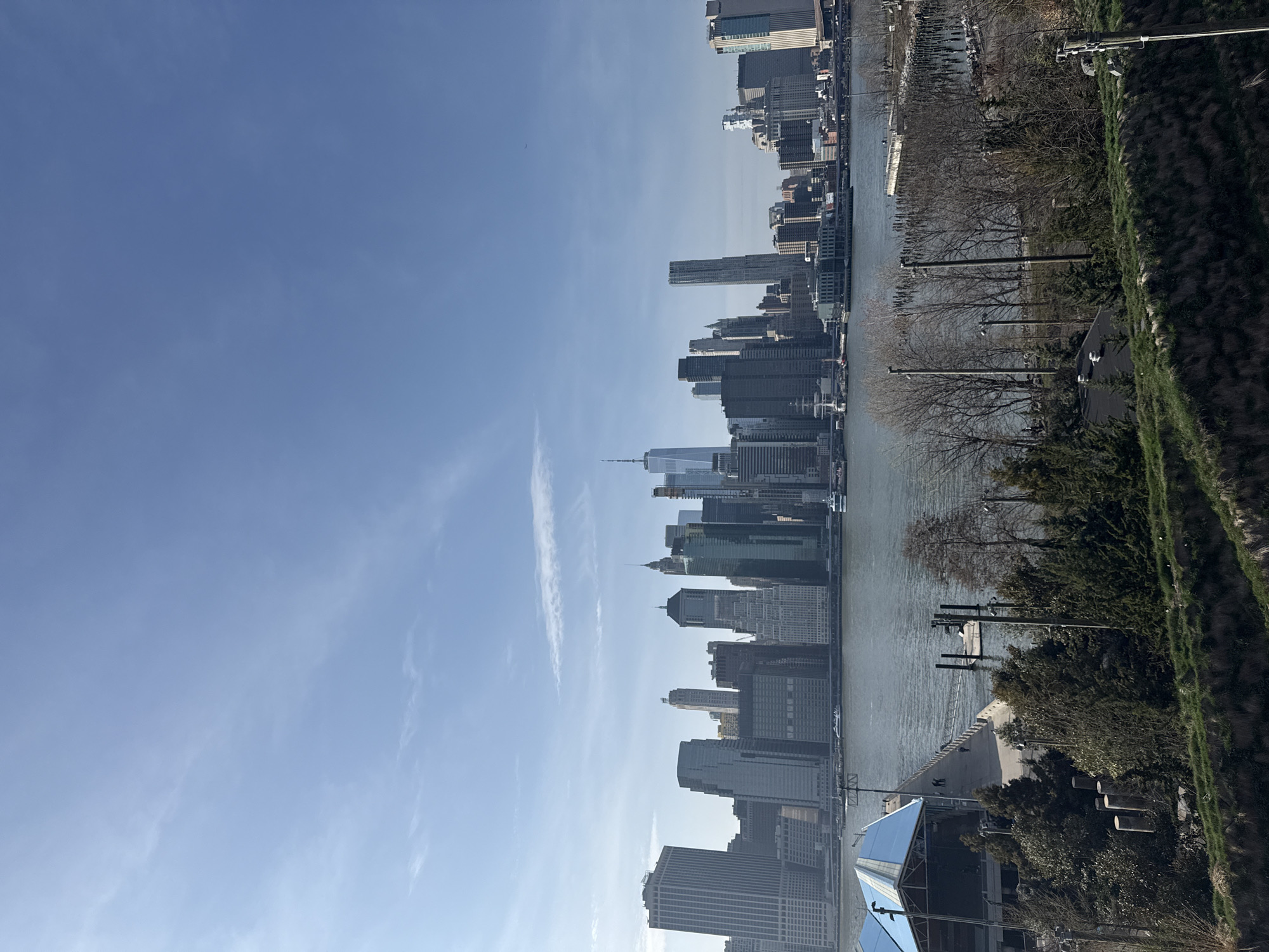 The image shows the skyline of Lower Manhattan in New York City, USA, from across the East River, likely from Brooklyn. Key buildings, including One World Trade Center, are visible. The East River separates the skyline from the vantage point, with trees and a grassy area in the foreground on the Brooklyn side. The sky is blue with light clouds.