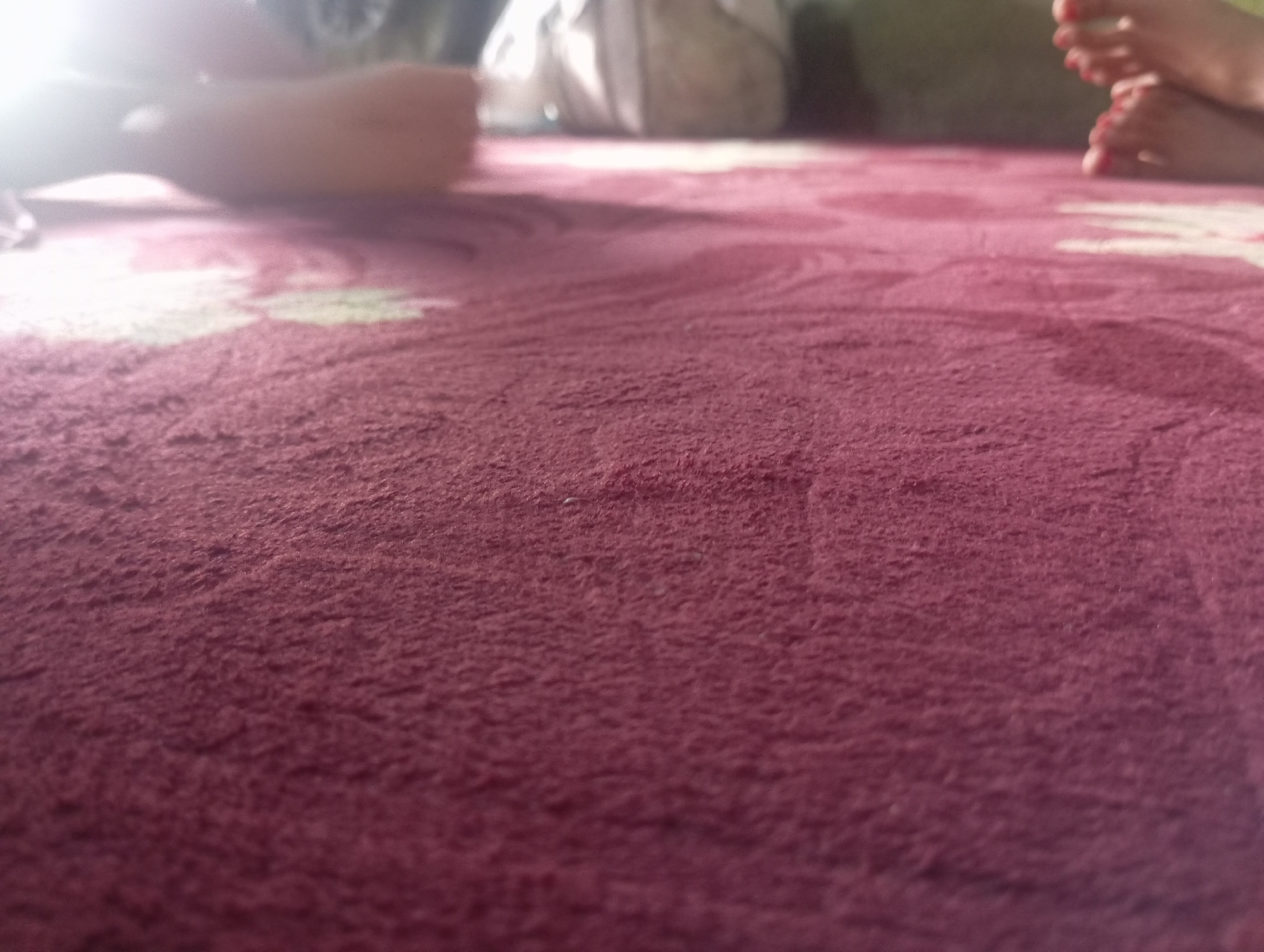 The image captures a close-up, low-angle view of a textured, maroon-colored rug. The rug's surface appears somewhat fuzzy and shows faint patterns of lighter pink and green floral motifs. In the background, out of focus, are several indistinct objects, including what appears to be a person's arms or hands, a white bag or pillow, and a green-colored surface. To the far right, a pair of feet with red-painted toenails are visible, resting on the rug. The lighting suggests an indoor environment, possibly a home, with a bright light source originating from the left side of the frame, causing a lens flare effect. There is no specific indication of the city of Rejosari, Indonesia, within the image itself; this context is external information.