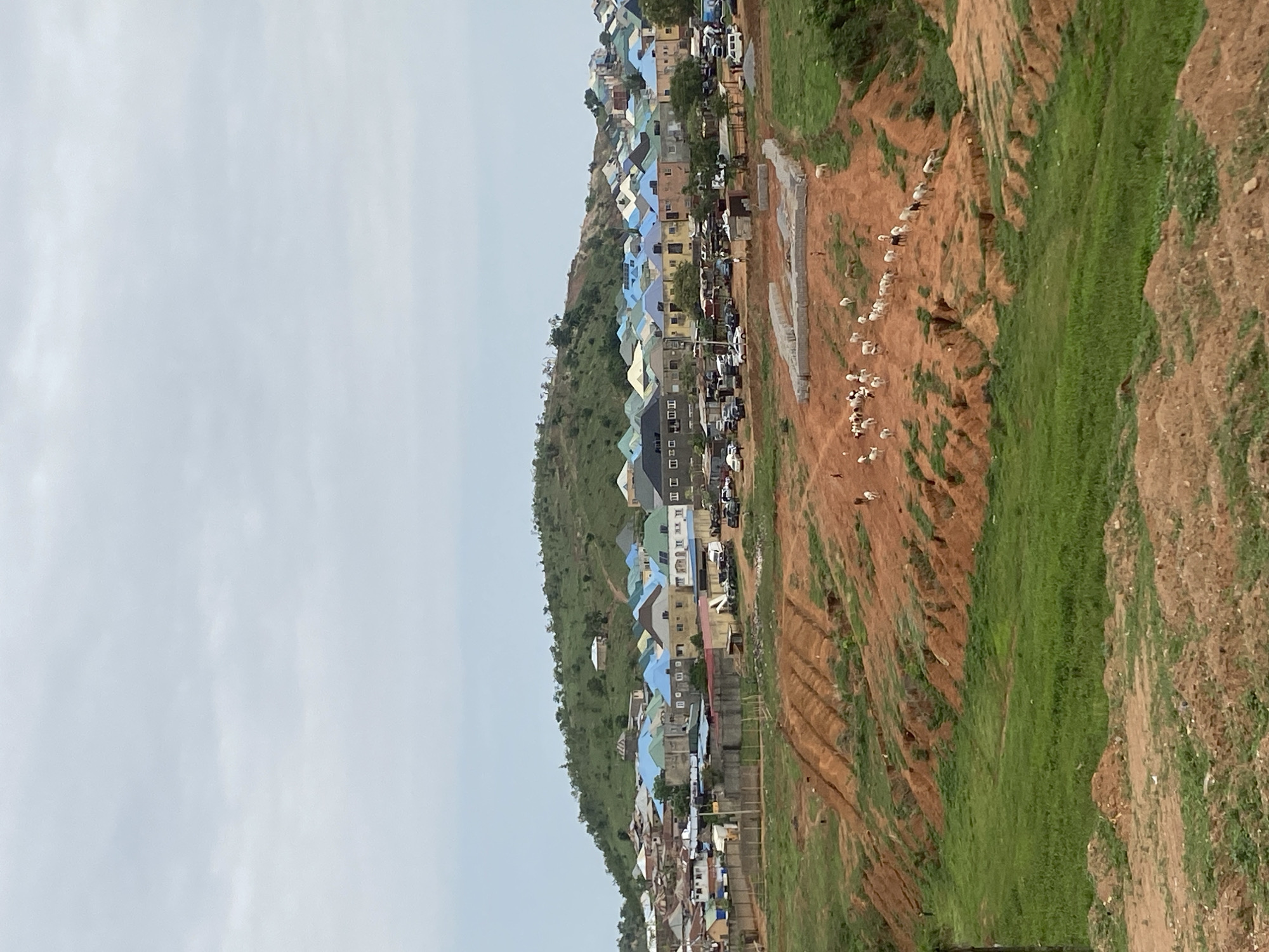 The image depicts a view of residential buildings and a hillside in what appears to be a developing area in Abuja, Nigeria. The houses, primarily single-family residences, are clustered along the slope of the hill and feature diverse roof colors. A dirt path or road runs alongside the houses. In the foreground, a patch of land is visible with a mix of bare soil, green grass, and scattered structures. A flock of goats is dispersed on the hillside. The sky is overcast, indicating possible hazy weather conditions.