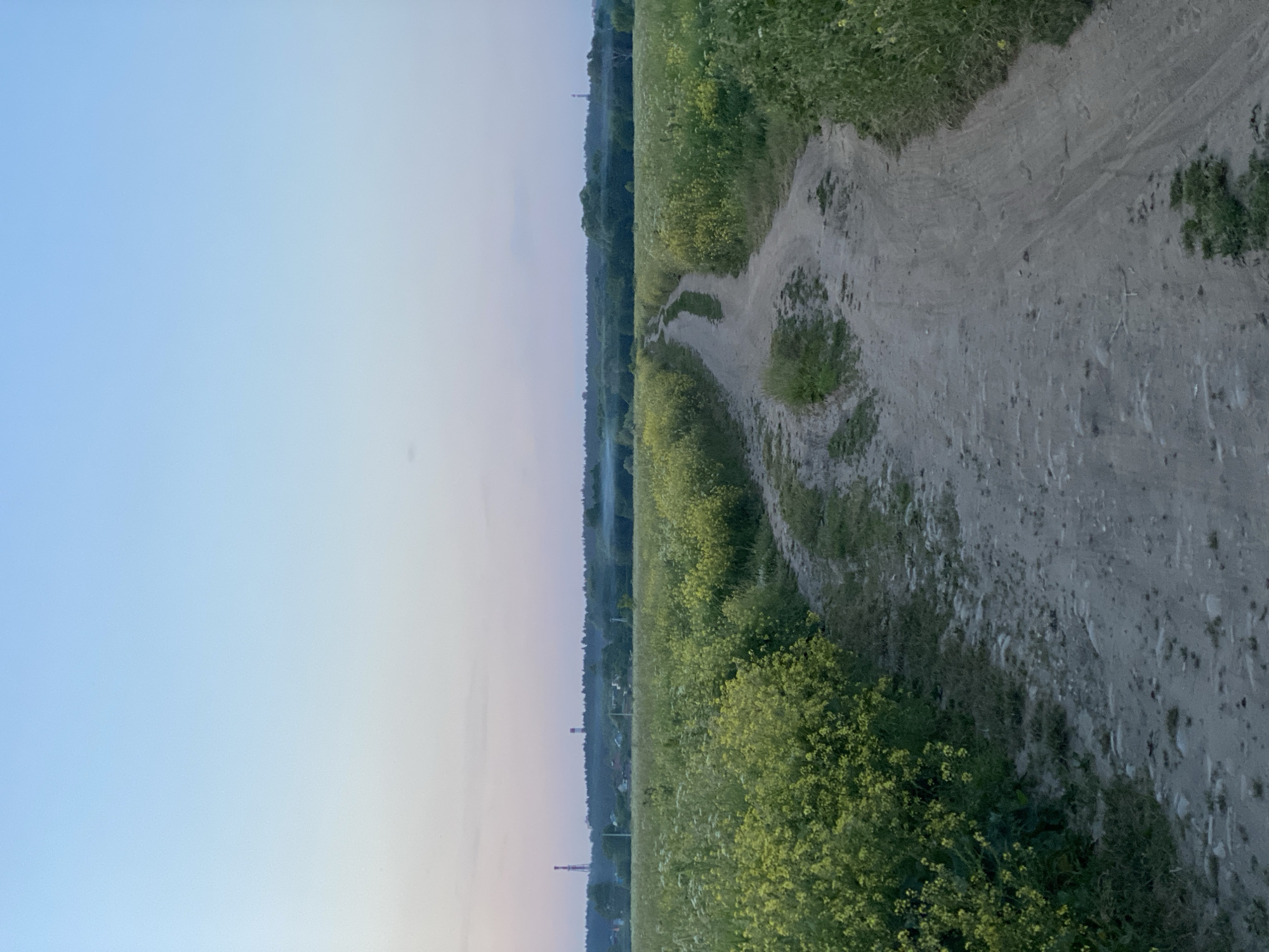 A dirt road winds through a field of green vegetation and yellow flowers in Yuryatino, Russia. The sky is a pale blue, transitioning to pink near the horizon. In the distance, a line of trees separates the field from a cluster of houses and industrial structures, including two tall, red-capped towers. The scene appears to be captured during twilight, with soft, diffused light illuminating the landscape. The road itself shows signs of wear and tear, with some grass growing through the dirt. The overall impression is one of rural tranquility, with hints of industrial presence on the periphery.