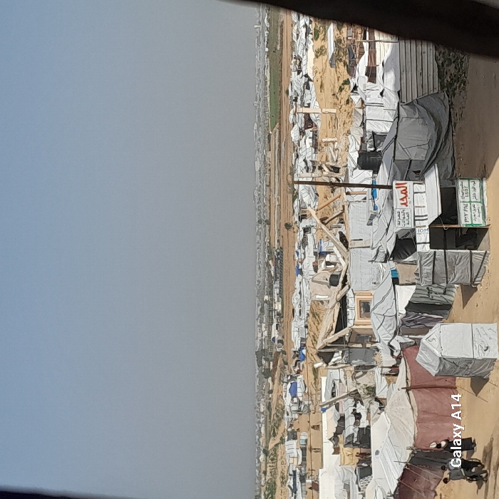 The image displays a wide view of a dense, makeshift settlement in Khan Yunis, Palestinian Territory, under a hazy light blue sky. The foreground and midground are filled with numerous shelters of varying sizes and conditions, primarily constructed from tarpaulins stretched over frames and other rudimentary materials. One prominent structure features a red sign with Arabic text, and below it, a smaller sign displays "PAY PAL" and "USDT" along with additional Arabic script, indicating a potential financial service point. Nearby, a structure appears partially damaged or collapsed, with exposed elements. In the lower-left corner, two individuals in dark clothing are visible; one is seated on a two-wheeled cart, and another stands adjacent. The settlement extends across dry, light-brown terrain, leading to a distant horizon characterized by patches of green fields, what appear to be agricultural facilities, and faint outlines of urban infrastructure.