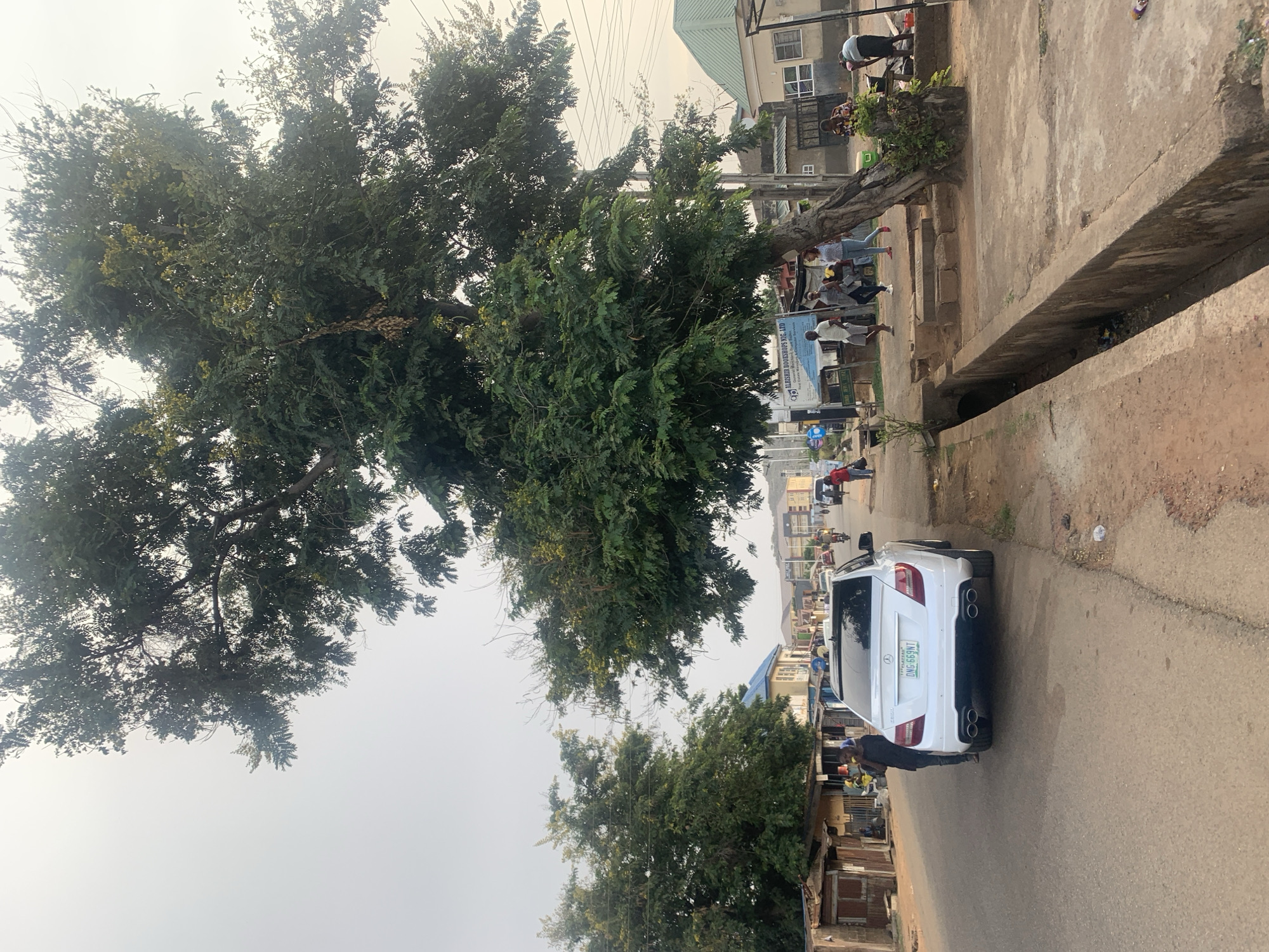 The image shows a street scene in New Stadium, Nigeria. A large tree dominates the left side of the frame. A white Mercedes-Benz is parked on the right side of the road, with a person visible near the rear of the car. Pedestrians are walking along the sidewalk. A concrete drainage ditch runs along the edge of the sidewalk. Buildings are visible in the background. Power lines stretch across the sky. The sky appears overcast.