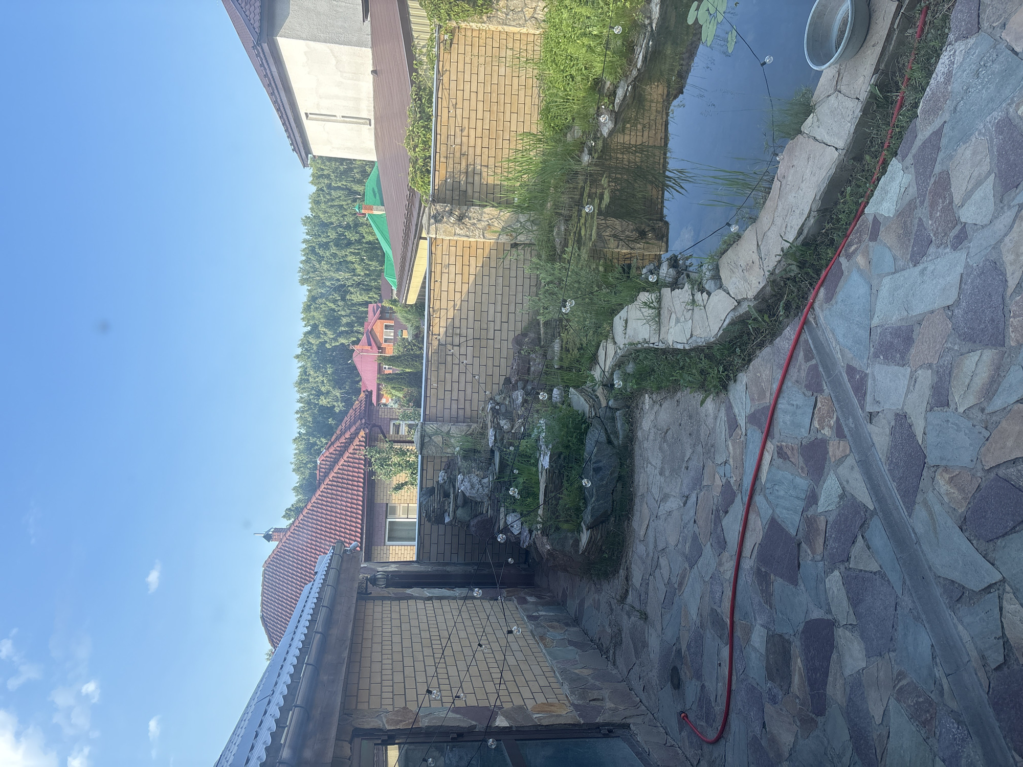 A daytime, eye-level, medium shot captures a backyard scene with a pond, a waterfall, and surrounding houses. The foreground is a paved area with irregular, multi-colored stones. A red hose is visible on the pavement, snaking towards the left side of the frame. To the right, the paved area transitions to grass and the edge of a pond. The pond, with lily pads on its surface, is bordered by stones and tall grasses. Adjacent to the pond is a tiered rock and plant structure that appears to be a small waterfall. String lights with visible bulbs are strung across the scene, illuminating the pond and waterfall area. Behind the pond and waterfall, a light-colored brick wall separates this area from other properties. In the background, several houses with red and green roofs are visible, along with a dense line of trees under a bright blue sky with scattered white clouds. The overall impression is a well-maintained backyard with water features. The city of Ореховка, Russia, is mentioned as the location, suggesting a residential setting in a temperate climate.