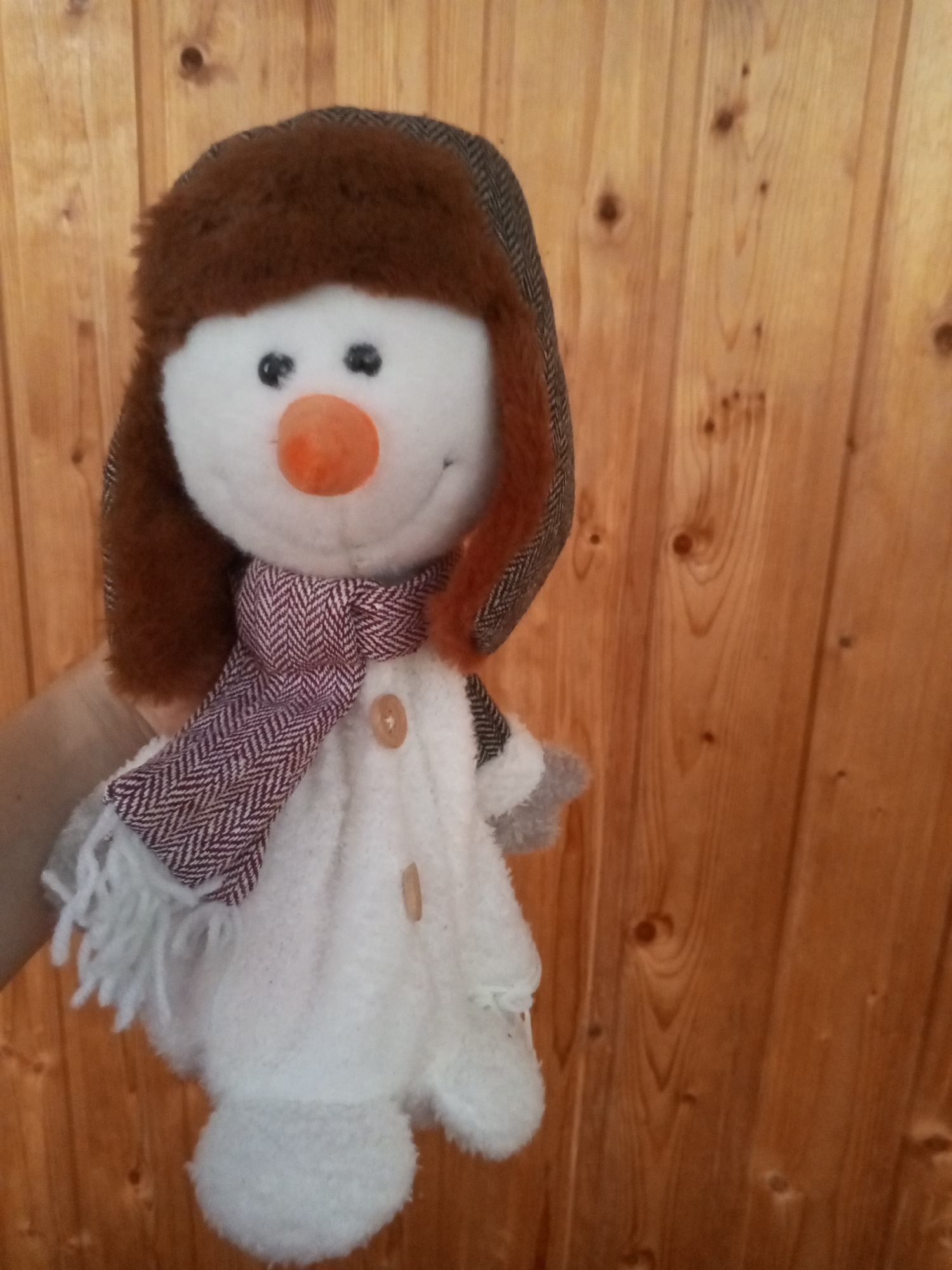 A stuffed snowman toy is held in a person's hand in front of a wooden wall. The snowman is wearing a brown furry hat with ear flaps, a patterned scarf, and a white coat with two visible buttons. Its face has black eyes, a carrot nose, and a stitched smile. The background consists of vertical wooden planks with visible grain and knots. This scene is not located in Chistopol, Russia; it is an indoor setting with a wooden wall.