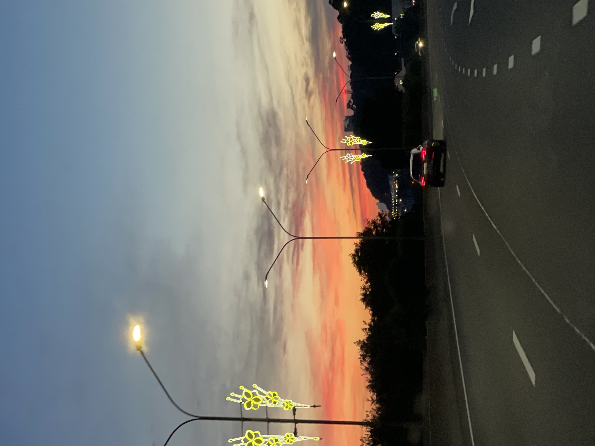 The image depicts a highway at dusk, with a vibrant sunset painting the sky with hues of orange, red, and pink. The sky transitions to a deep blue at the top. Several streetlights line the road, some adorned with decorative yellow flower-like lights. A dark-colored SUV is driving on the highway, and another car is visible further down the road. Trees and hills form a dark silhouette against the sunset. The road has white lane markings, indicating multiple lanes. The scene appears to be a view from inside a moving vehicle, looking forward. The location is identified as Bogushevka, Russia.