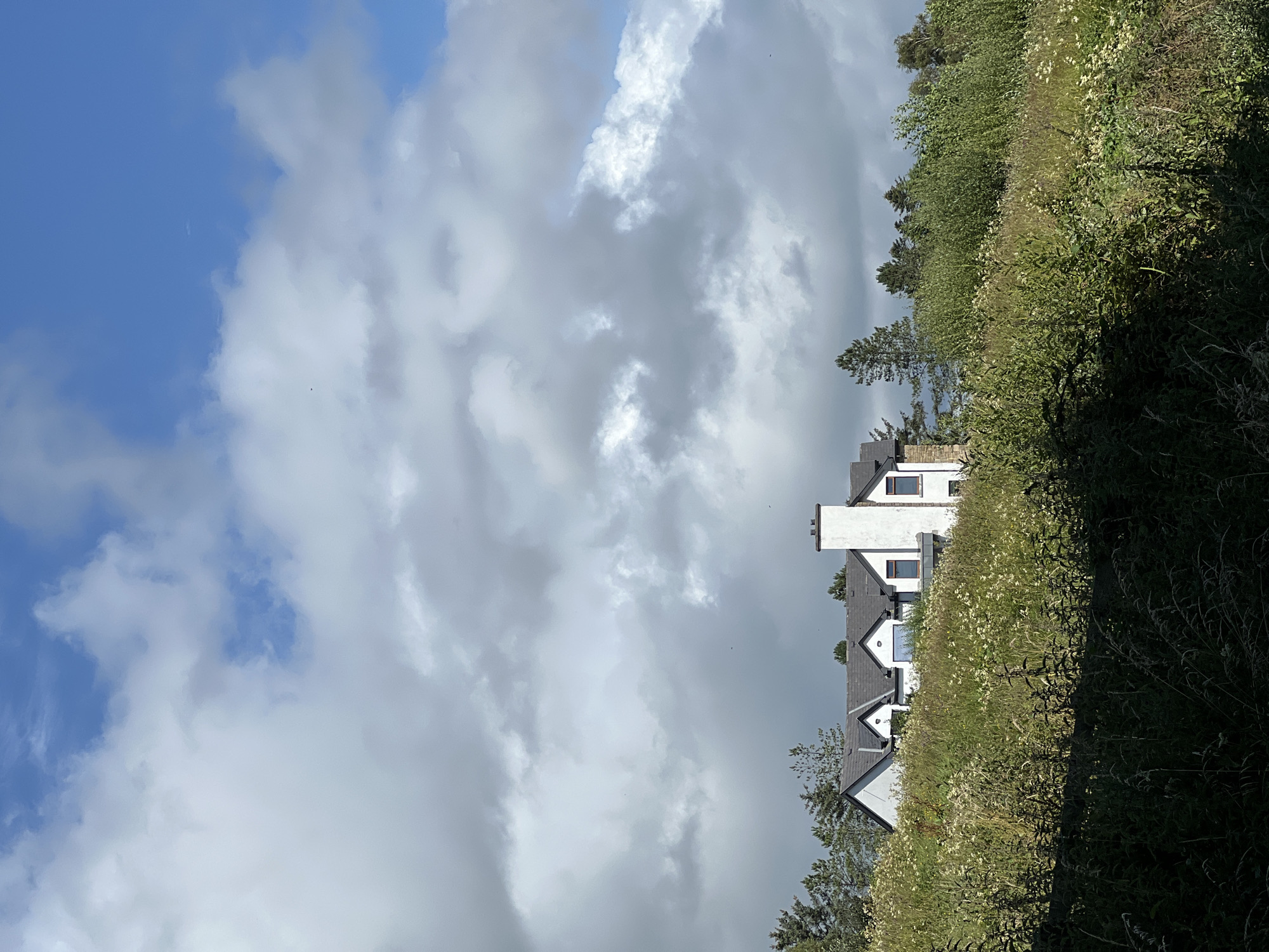 This media file depicts a partly cloudy sky with a mix of blue sky and white and gray clouds. In the foreground, there is a lush green hillside covered in various plants and wildflowers. A row of modern white houses with dark roofs is visible nestled into the hillside, with trees interspersed between them. The houses have multiple windows and gabled roofs. One of the houses has a prominent white chimney. The scene suggests a rural or semi-rural setting. The lighting indicates it is daytime. There is no visible text in the image.