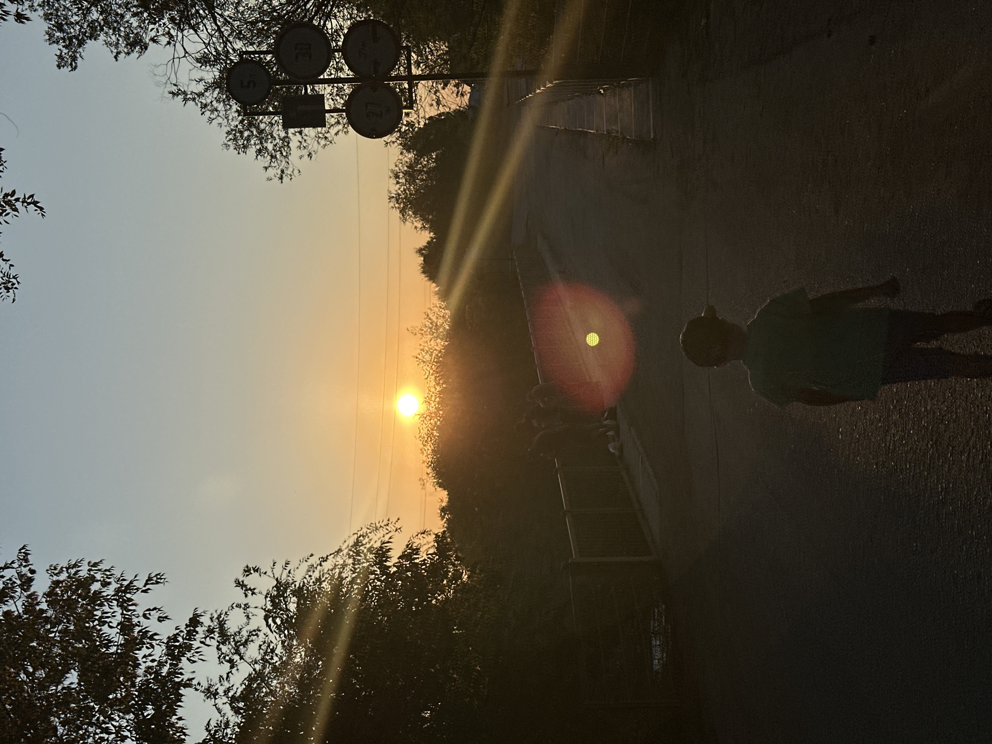 In Energetik, Russia, a young boy wearing a t-shirt and a baseball cap walks away from the camera down a paved road. The setting sun casts long shadows and creates lens flare across the scene. A bridge with a metal railing is visible on the right, and a similar railing lines the left side of the road, bordering a dark area. Several figures, partially obscured by the low light and distance, are gathered on the bridge, appearing to interact. Road signs with numbers are mounted on a pole on the right side of the image. The sky is a gradient of pale blue to orange, indicating sunset. Trees and foliage frame the scene on the left and right.