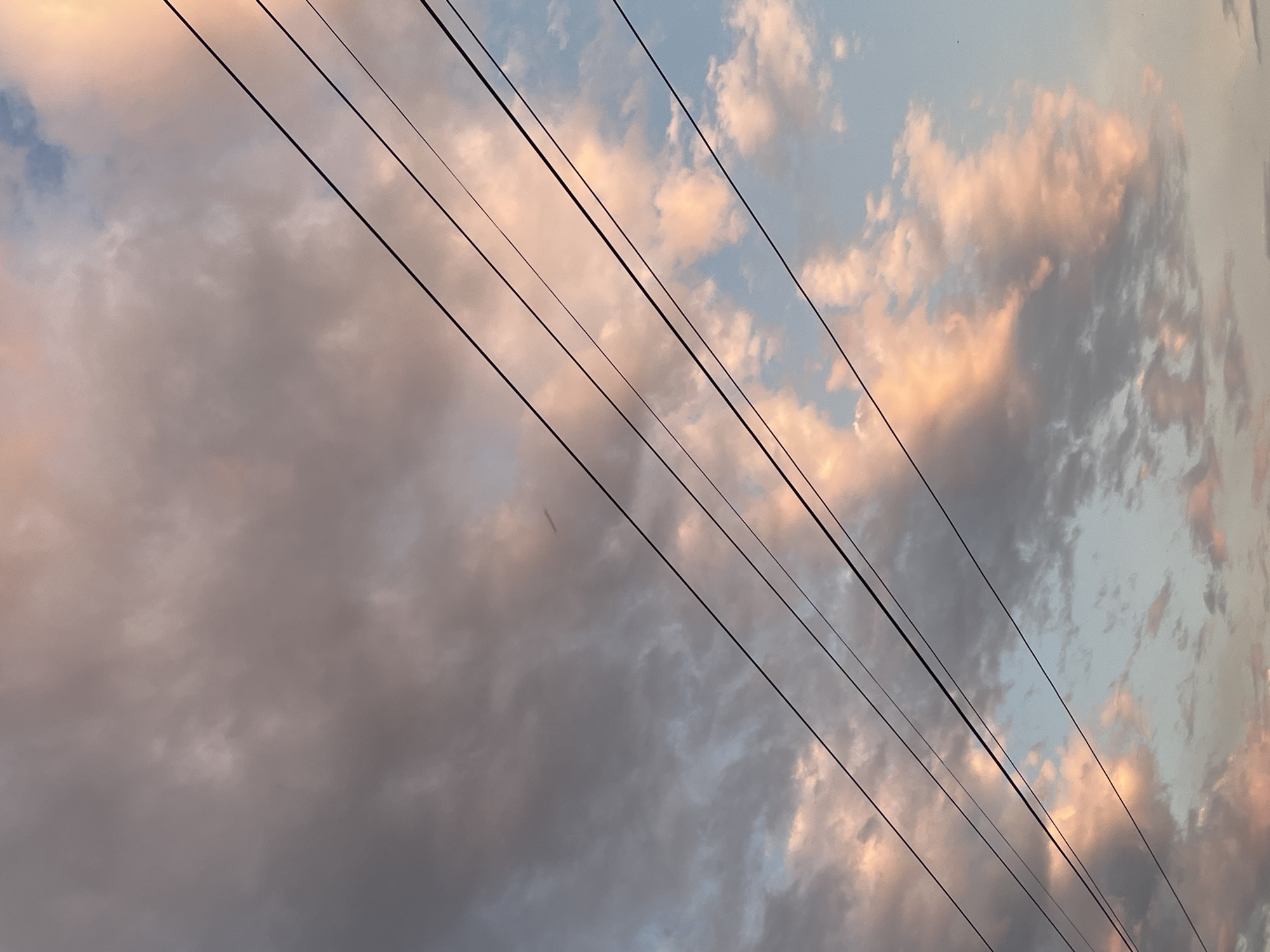 The image captures a sky at dusk with scattered clouds, tinged with shades of pink and orange from the setting sun. Four dark, parallel utility wires stretch diagonally across the frame from the lower left to the upper right. The background is a blend of dusky purples, grays, and patches of pale blue sky. The scene is devoid of any visible people, structures, or specific landmarks that would indicate a location within Ivailo, Bulgaria.
