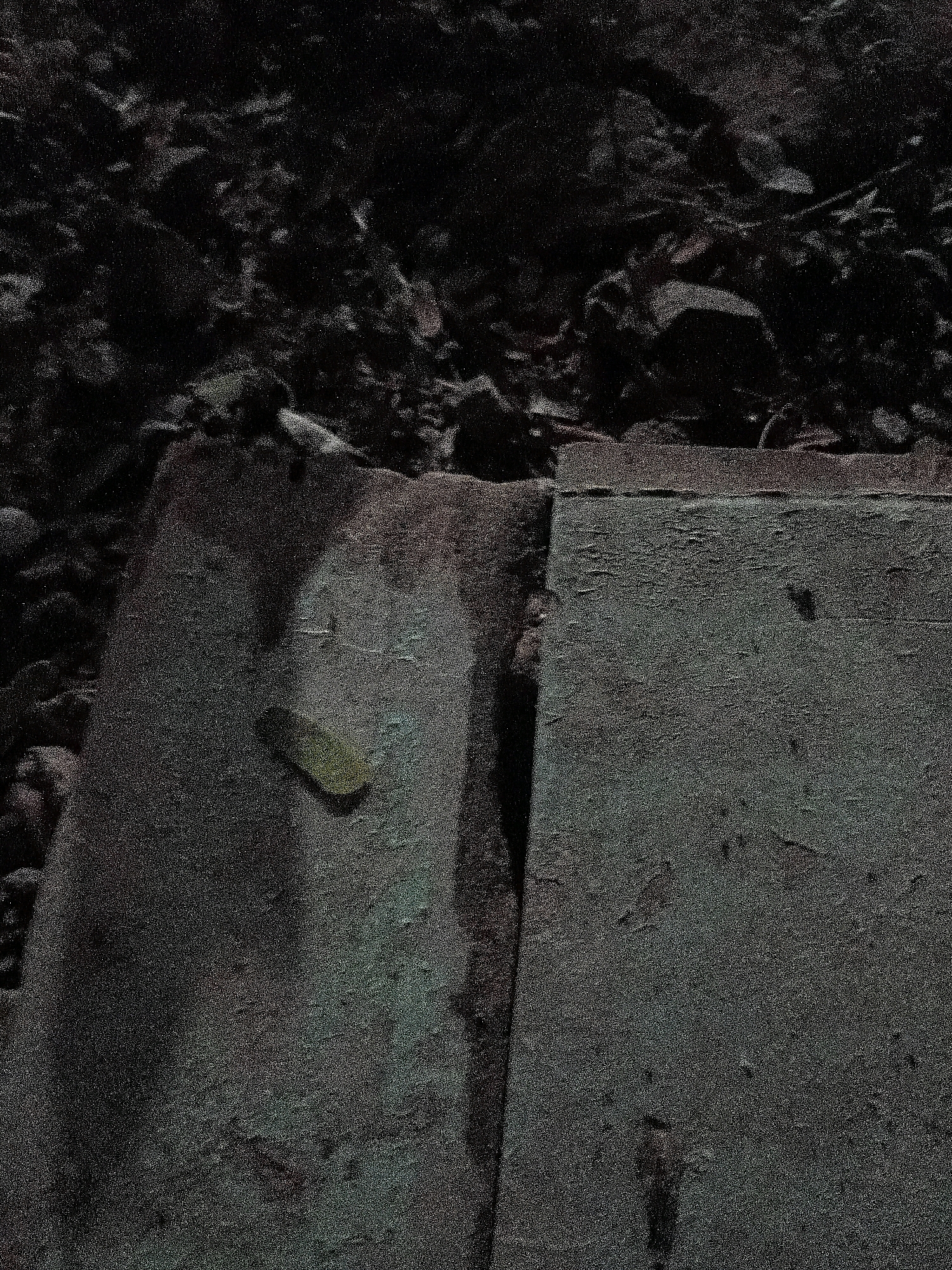 The image depicts a dark, outdoor scene, possibly a low-lit area with rough textures. In the foreground, there are two large, flat surfaces that appear to be concrete or stone. The left surface has a lighter, possibly weathered or stained appearance, and a small, oblong, yellowish object, resembling a leaf or a piece of debris, rests on it. The right surface is darker and appears to be a continuation or separate section of similar material, with some subtle texture variations. Behind these flat surfaces, the ground is composed of dark, irregular shapes that could be rocks, dirt, or debris. The overall lighting is dim, with a noticeable grainy texture throughout the image, suggesting it may have been taken at night or in poor lighting conditions. The scene appears to be an outdoor environment, possibly an alleyway, a construction site, or a neglected urban space. There is no indication of human presence or activity within the frame. There is no information available about the location in the city of Cikal, Indonesia, nor is there any information that allows for a definitive determination of its presence.
