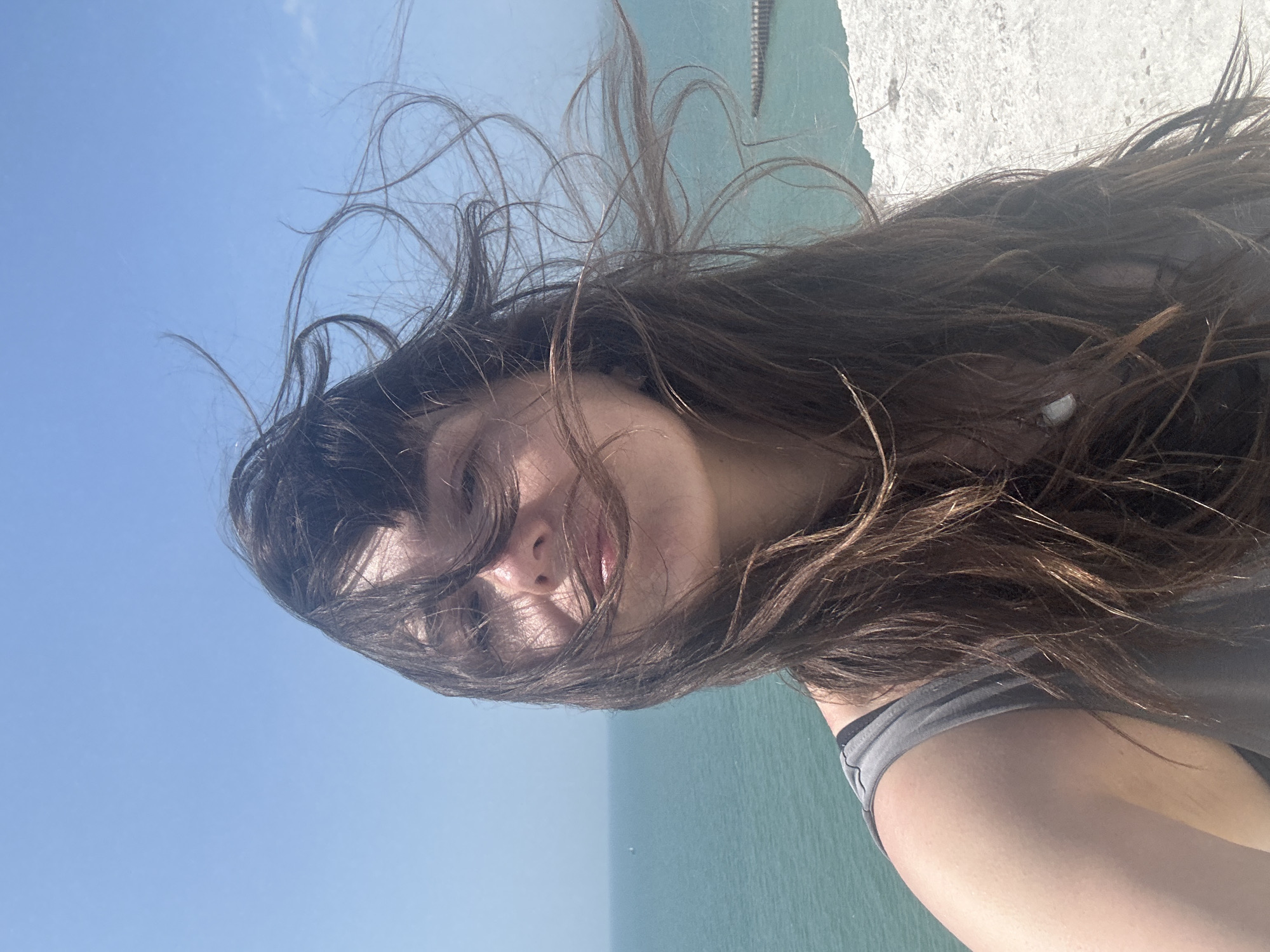 A woman is taking a selfie on a sunny day at the cliffs of Seaford, United Kingdom. Her long, dark hair is blowing in the wind, obscuring parts of her face. She is wearing a grey tank top. The background shows the blue sea and the white chalk cliffs.