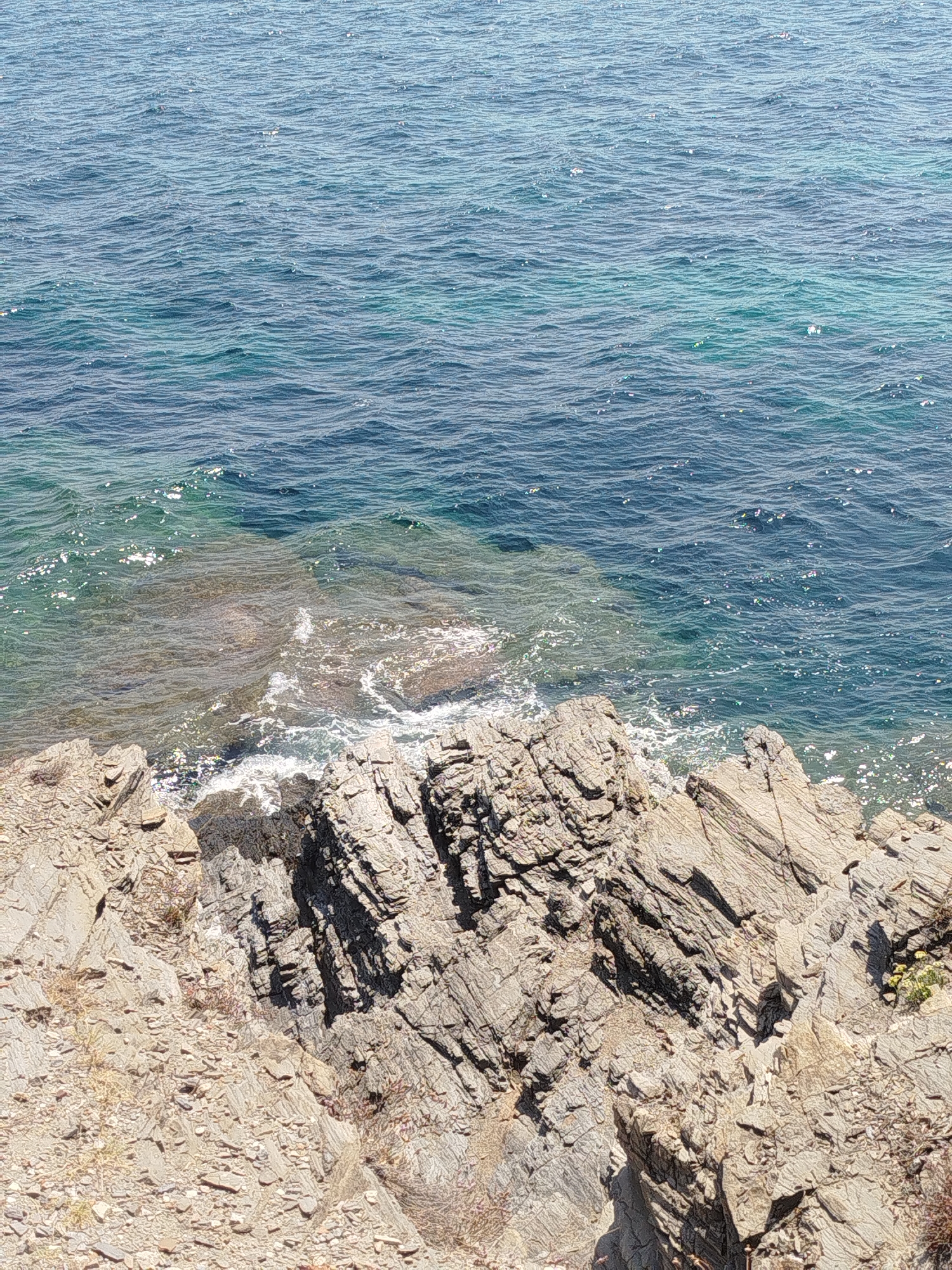 This is a high-angle, medium shot of a rocky coastline meeting the sea in Sithonia Municipal Unit, Greece. The water is a vibrant turquoise, with sunlight glinting off its surface, creating small, bright highlights. The waves are gentle, lapping against the shore. In the foreground, jagged, grey rocks dominate the scene. These rocks are textured and layered, with some appearing sharp and others more weathered. Small patches of dry, sparse vegetation are visible clinging to the rocks in places. The overall impression is one of a natural, rugged coastal landscape under a clear sky. There are no people or animals present in the image.