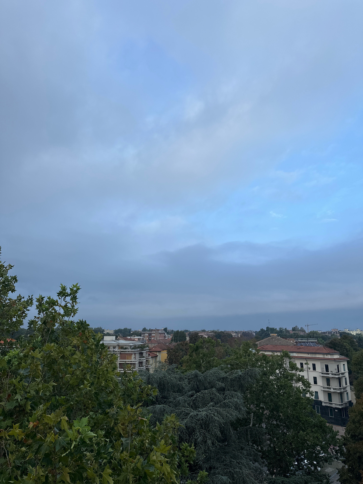 The image depicts a view of a city skyline, likely Parma, Italy, under a cloudy sky. In the foreground, lush green trees, some with broad leaves and others with needle-like foliage, dominate the lower half of the frame, obscuring a portion of the urban landscape. Behind the trees, several buildings are visible, ranging in architectural style from older, terracotta-roofed structures to more modern apartment buildings with balconies. One prominent building is a cream-colored apartment complex with multiple stories and dark-framed windows. The sky is overcast, with soft, diffused light indicating either early morning or late afternoon. The overall impression is one of a densely treed urban environment on a day with subdued natural light. There are no people or animals visible in the image.