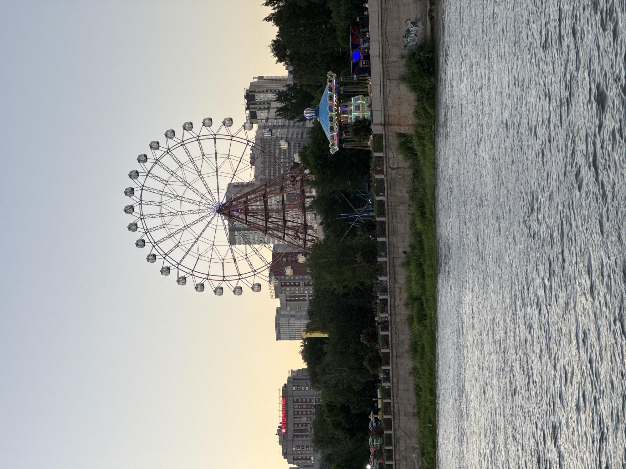An outdoor amusement park is depicted on the bank of the Ob River in Novosibirsk, Russia. The park features a large Ferris wheel with several cabins, a colorful carousel with lights, and other attractions obscured by trees. A concrete embankment lined with trees and a fence separates the park from the river. In the background, several modern buildings, including one with a red neon sign reading "СТОМАТОЛОГИЯ" (Dentistry), are visible. The sky is clear and pale, suggesting either early morning or late evening. The water in the foreground is rippling.