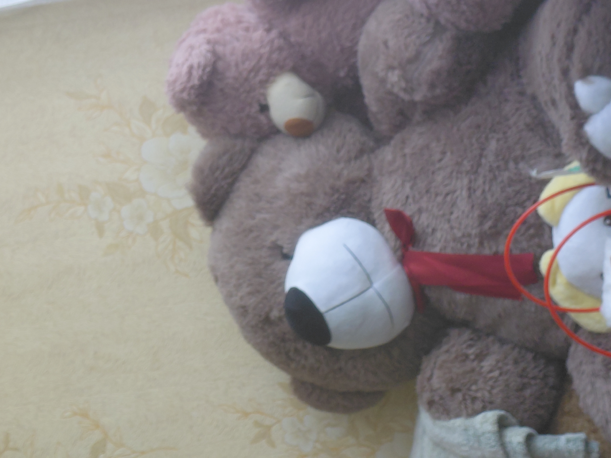 The image shows two teddy bears. The larger bear is brown and has a red ribbon around its neck. It is in the foreground, and its face is white with black eyes. To the right and slightly behind the larger bear is a smaller, purple teddy bear. Its nose is orange. The bears are sitting in front of a wall with a floral wallpaper pattern. The overall scene appears to be indoors, likely in a domestic setting in Zhytomyr, Ukraine.