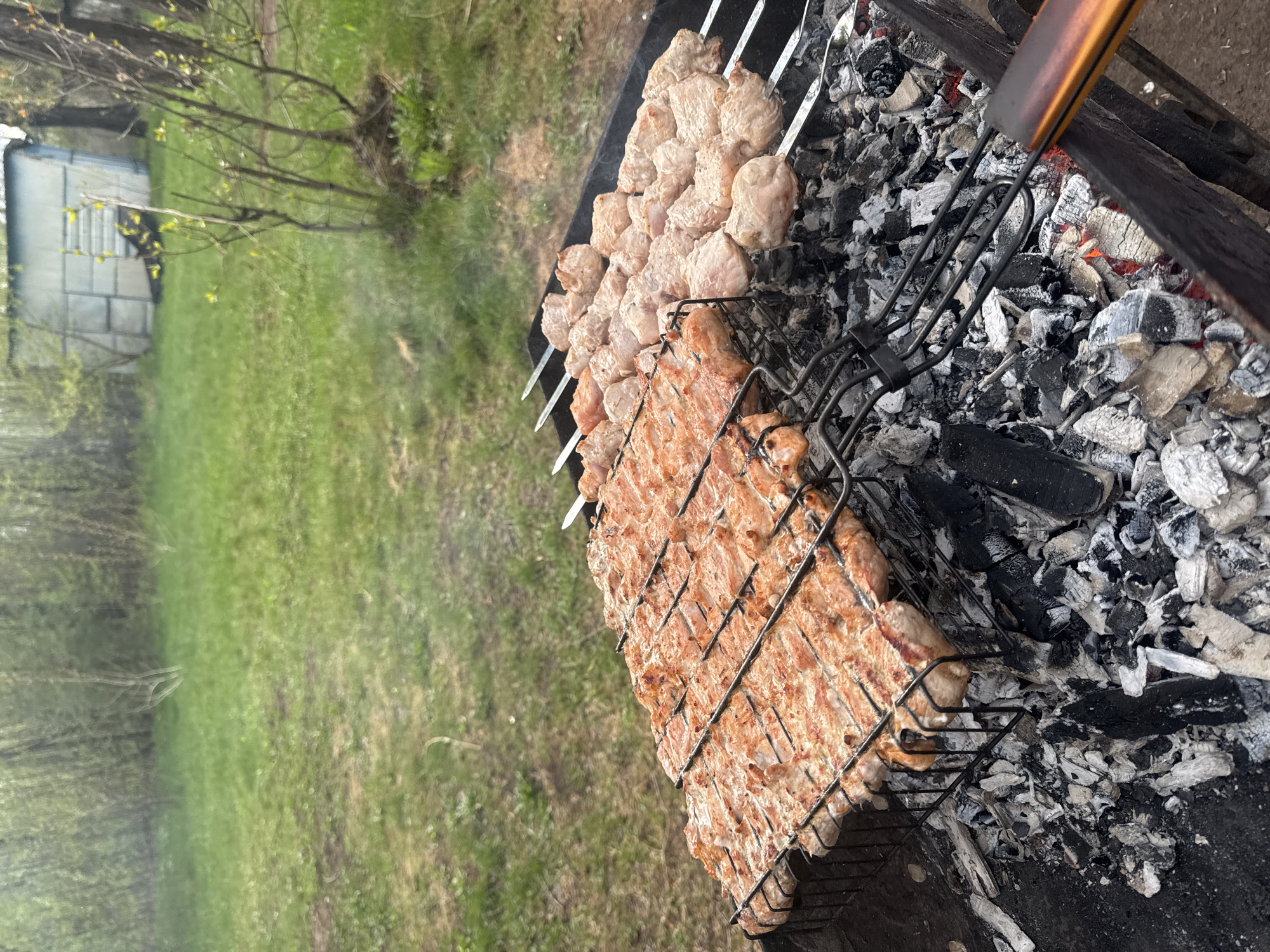 The image shows a barbecue grill with meat cooking over hot coals. The grill is positioned outdoors in a grassy area. Some trees and a building are visible in the background. The grill contains two types of meat preparations: skewers of raw, pale meat, and a metal grilling basket filled with rows of what appears to be pork already grilled and seasoned. The scene likely takes place in Chaikovsky, Russia.