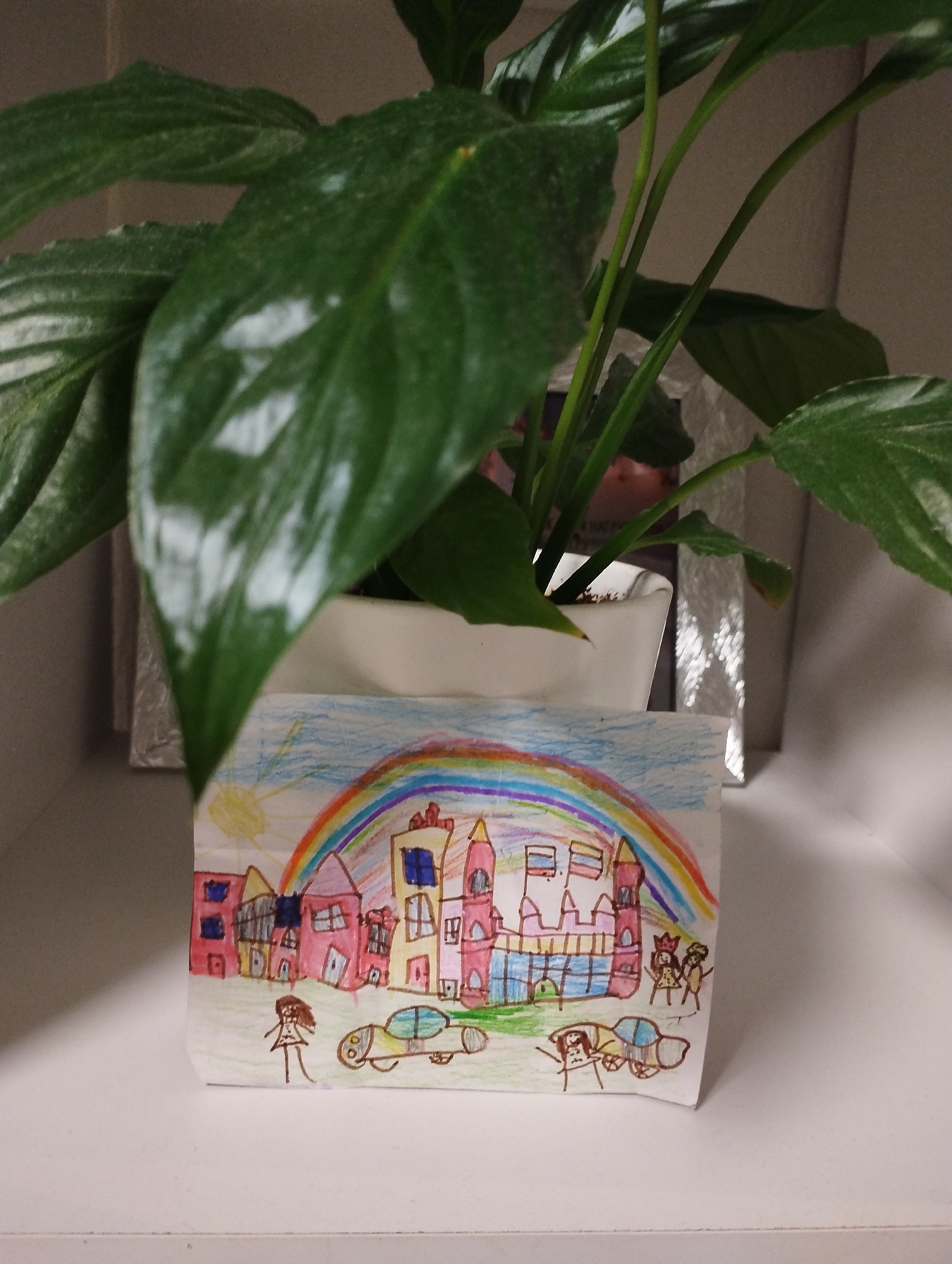 A medium shot depicts a green leafy plant in a white square pot placed on a white surface, likely a shelf. A drawing of a cityscape is taped to the front of the pot. The drawing depicts buildings with varied architectural styles, including some with turrets and flags, under a multi-colored rainbow and a yellow sun. In the foreground of the drawing are crudely drawn figures of people and cars.
The location, Sadovyy, Russia, is not visually discernible from the provided image.