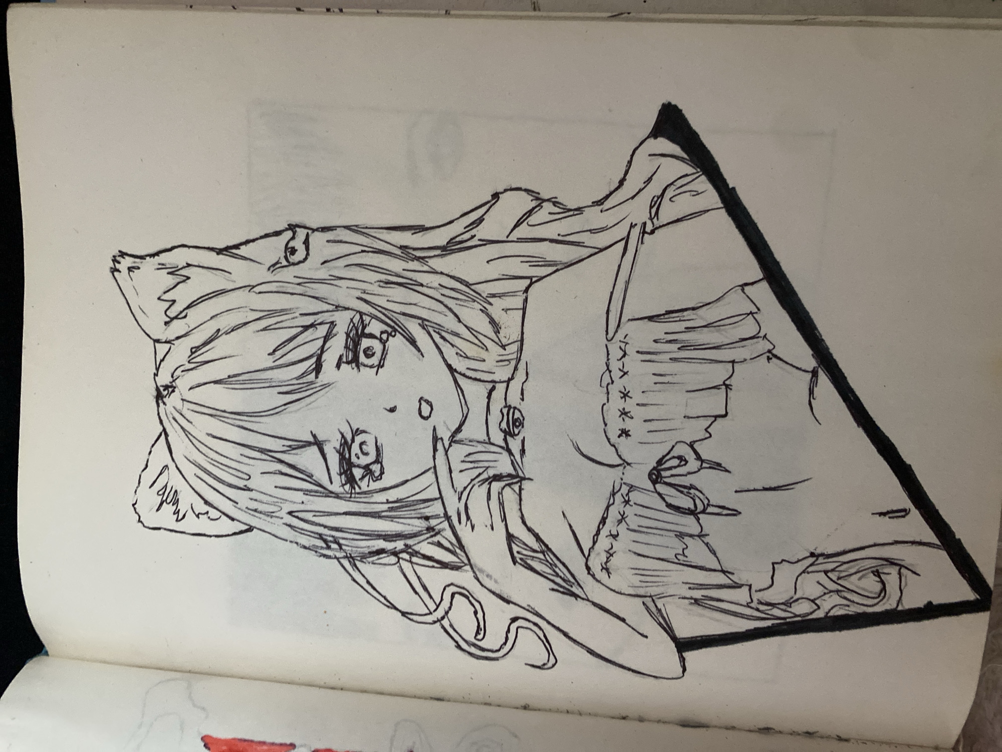 The image is a black and white sketch of an anime-style character. The character has cat ears, long hair, and is wearing a revealing top with ruffled details. The sketch is on a page of a notebook. The drawing is incomplete, with some areas left blank. The background is plain white paper. The image does not contain any elements that would allow for the identification of a specific location in Zhmerynka, Ukraine.