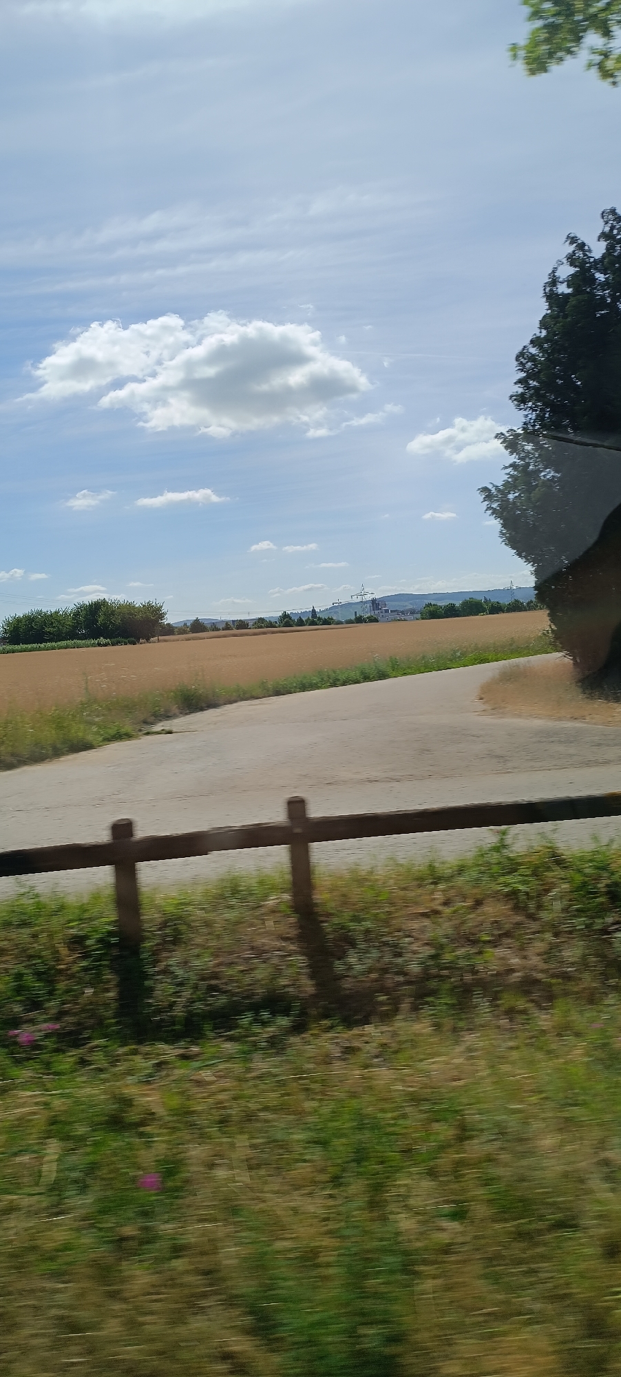 This image depicts a rural landscape near Fellbach, Germany, under a partly cloudy sky. A paved road curves through the scene, bordered by a wooden fence and grassy vegetation in the foreground. Beyond the road, a field of dry, golden crops stretches to the horizon. In the middle ground, a line of trees is visible, behind which a modern industrial building complex with prominent power lines and transmission towers can be seen. The reflection of foliage is visible in the top right corner, suggesting the photo was taken from a vehicle. The overall impression is that of a bright, sunny day in the countryside, with a contrast between natural elements and industrial development.