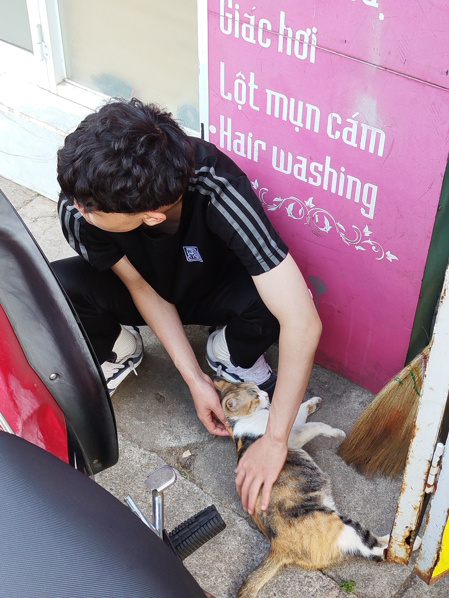 A young man crouches next to a calico cat in Da Lat, Vietnam. The man has dark, curly hair and wears a black tracksuit with three gray stripes down the arms. He has fair skin, dark eyes, and is looking at the cat while gently petting its neck and body. The cat is lying on its back on the concrete, its paws in the air, appearing relaxed and enjoying the attention.
A red and black motorcycle is parked to the left of the man and cat. Behind them, a pink sign with white text in Vietnamese and English advertises "Hair Washing" and other services. A broom leans against a rusty metal post next to the sign. The scene is outdoors, on a paved surface.