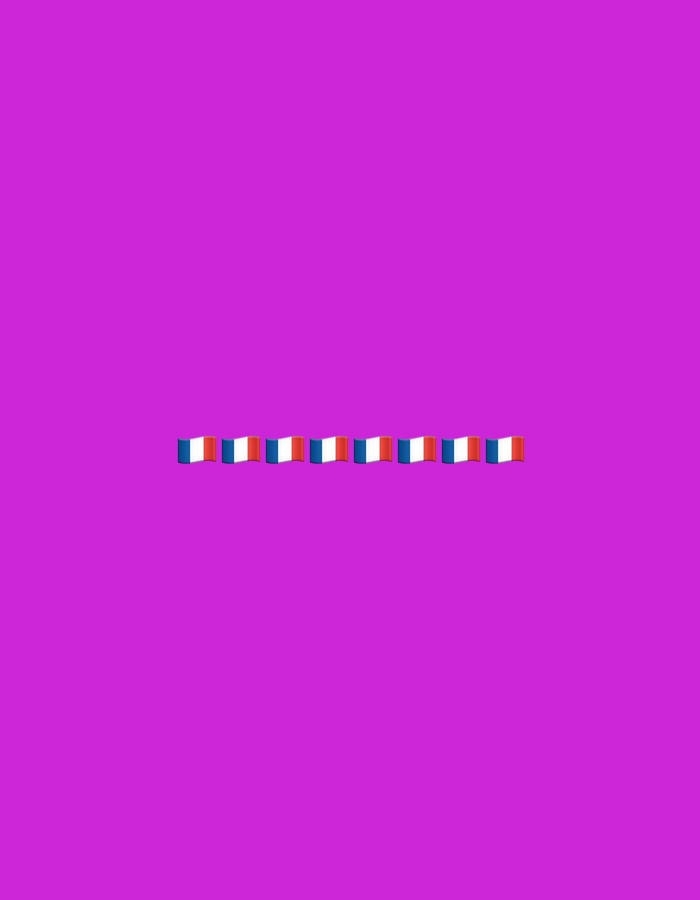 A horizontal line of eight miniature French flags is centered on a plain purple background. The flags are spaced evenly and are displayed from left to right, alternating between a French flag and a red, white, and blue striped flag. The purple background is a solid color with no discernible features.