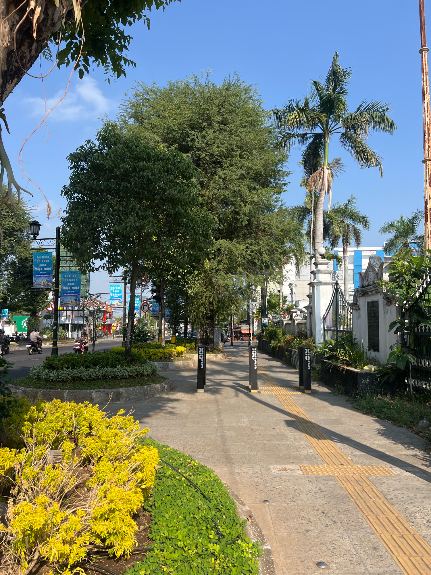 The image shows a street scene in the city of Yogyakarta, Indonesia. In the foreground, a pathway with tactile paving for the visually impaired runs along the right side of the image. Yellow flowering plants are visible on the left, bordering the pathway. Beyond the pathway, a black metal fence encloses a building with a white facade and ornate gate. Palm trees and other greenery are present in the background. A street with a median island with plants is visible on the left, with a few motorcycles and scooters on the road. Banners are hung on lamp posts along the street, indicating events or promotions. The sky is clear and blue.