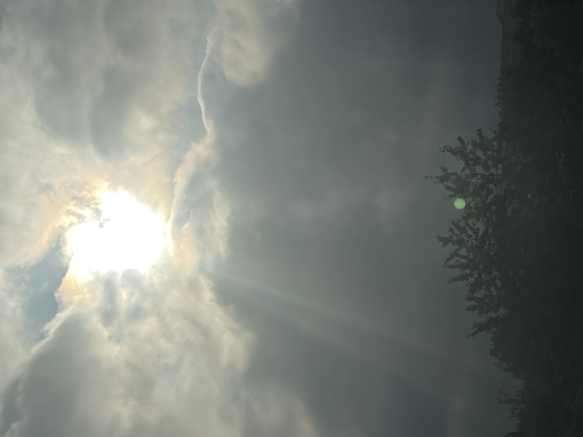 The image depicts a cloudy sky with the sun partially obscured by clouds, casting visible sunbeams downward. In the lower portion of the image, silhouetted trees are visible against the dimly lit sky. There are no people or specific landmarks identifiable in the image. The overall scene suggests an outdoor environment, possibly a park or a wooded area within a city. The location in Warsaw, Poland, cannot be determined from the visual information provided in the image.