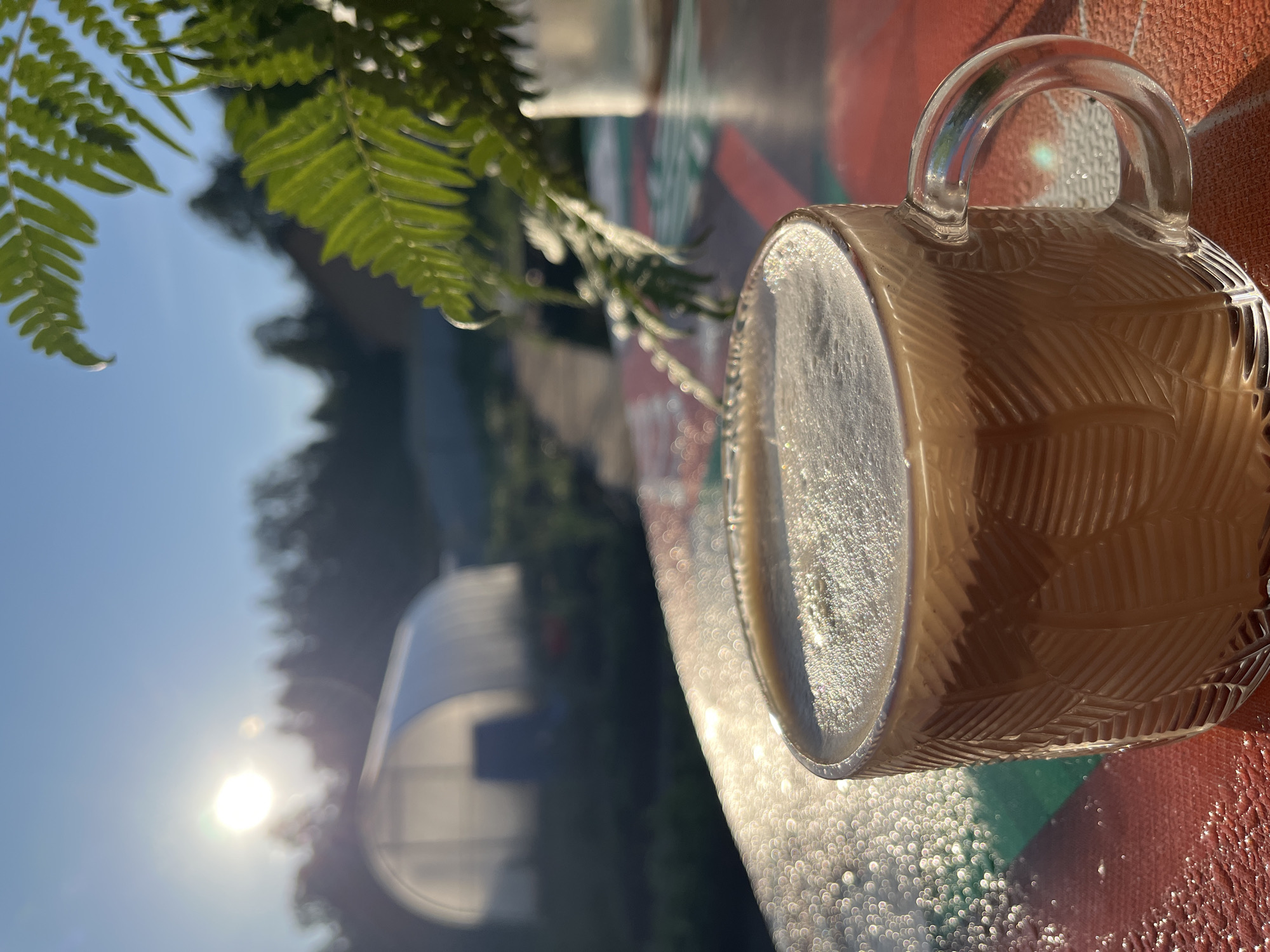 In the city of Chaikovsky, Russia, a glass mug filled with a frothy beverage sits on a table with a colorful patterned surface. The mug is made of clear, textured glass and is approximately two-thirds full. The beverage has a light brown color and a thick layer of foam on top. Sunlight glints off the surface of the table, creating numerous small, bright reflections. In the background, a greenhouse is visible, and beyond that, trees and a clear blue sky with the sun shining brightly. A fern frond is positioned in the upper right portion of the frame, adding a touch of greenery to the scene. The overall impression is one of a peaceful morning outdoors.