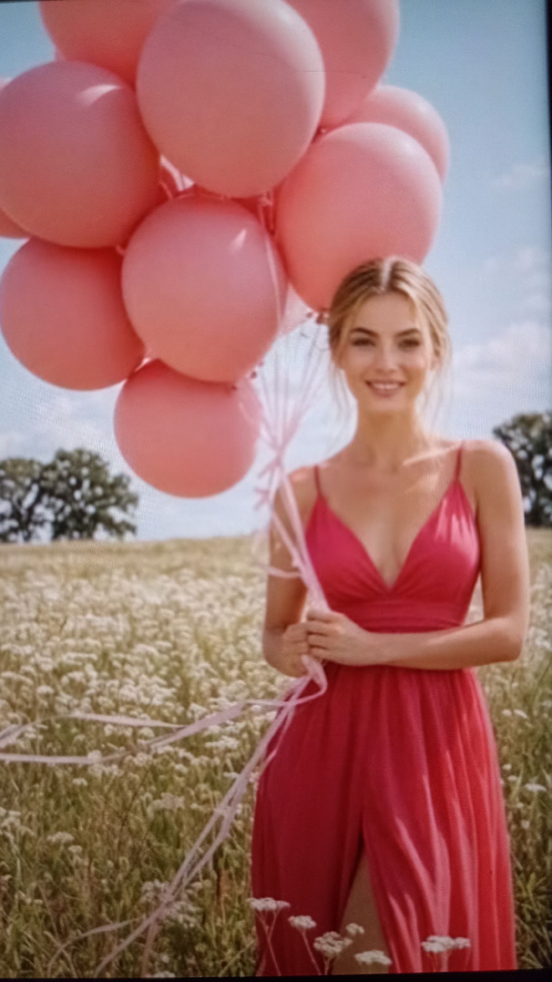 A young Caucasian woman with blonde hair, wearing a bright pink, floor-length dress with spaghetti straps and a plunging neckline, stands in a field of white wildflowers. She is holding a bouquet of pink balloons with pink ribbons attached. The woman is smiling and looking towards the camera. The background shows a blurred landscape with trees and a blue sky. The image appears to be a professional photograph.