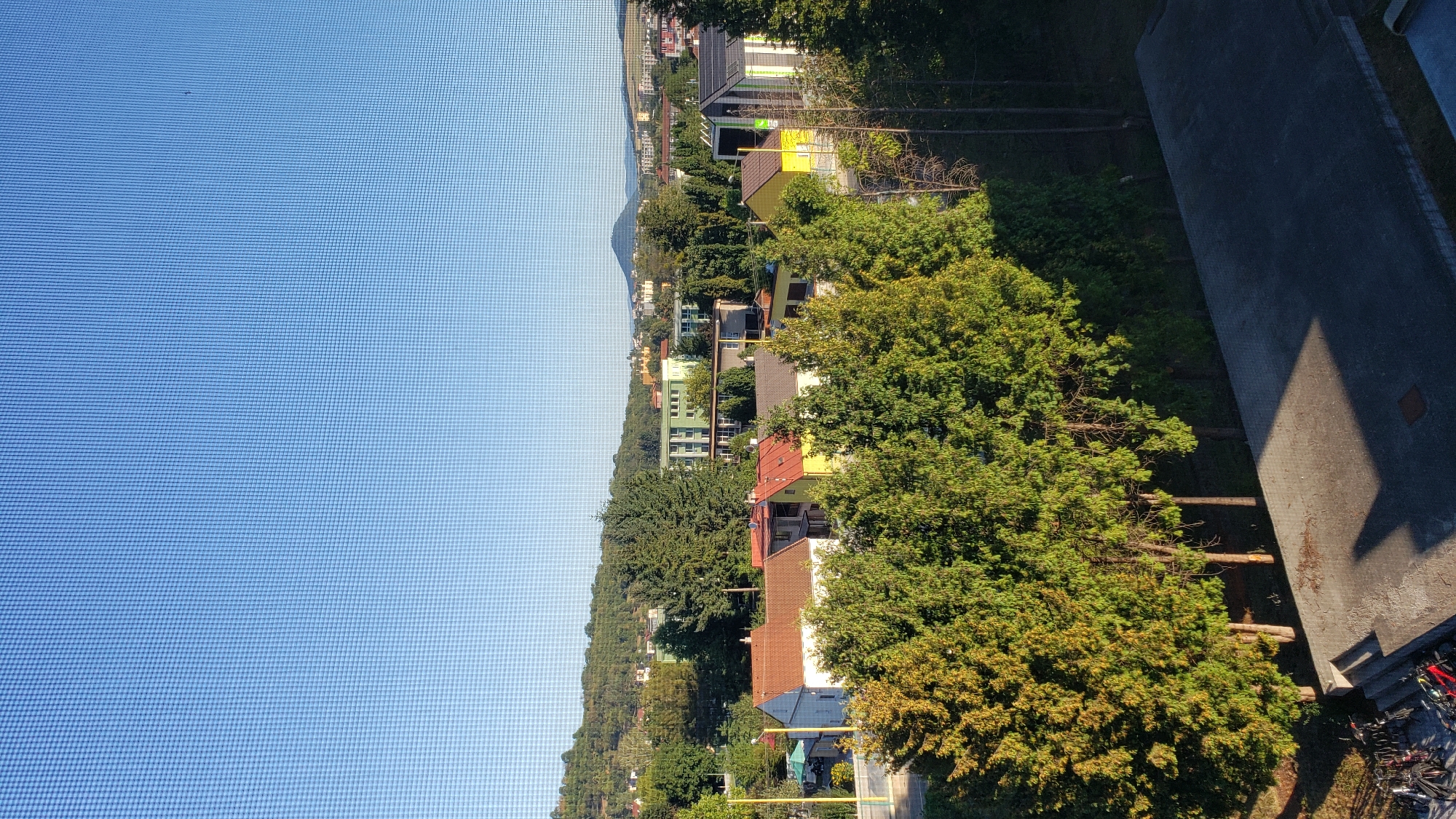 The image shows a residential area with a clear blue sky above. In the foreground, a concrete surface with shadows suggests it is daytime. Below this, a row of evergreen trees with yellowing leaves is visible. Behind the trees, there are several houses with red and orange tile roofs, and some yellow and white painted facades. Further in the background, there are larger buildings, including a light green multi-story building and other structures. Trees and hills form the backdrop, with a distant mountain visible on the horizon. A grid pattern overlays the entire image, likely from a screen or window. The presence of bicycles near the concrete area in the bottom left corner indicates human activity. The scene is consistent with a view from a window in a residential part of Prešov, Slovakia, likely in the afternoon given the lighting and shadows.