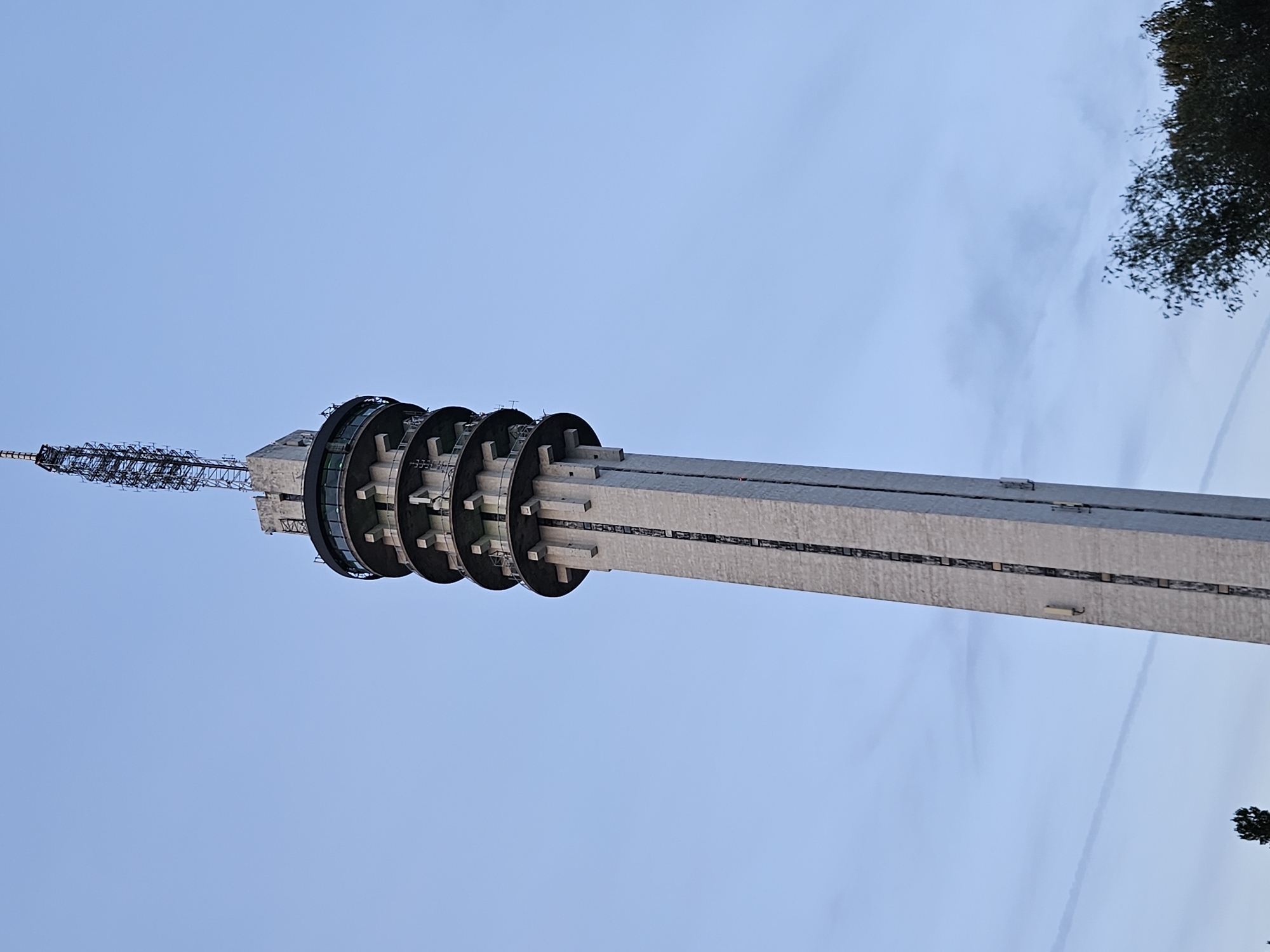 The image shows a tall, slender telecommunications tower, the Watertorenweg tower, located in Lelystad, Netherlands. The tower is constructed of light-colored, textured material and tapers slightly as it rises. It features several circular levels with windows and platforms, culminating in a lattice antenna structure at the very top. The sky is a pale blue with some wispy clouds. The base of the tower is not fully visible, but a small portion of dark green trees is seen in the lower right corner. The perspective is from below, looking upwards at the tower. There are no people or discernible actions depicted in the image.