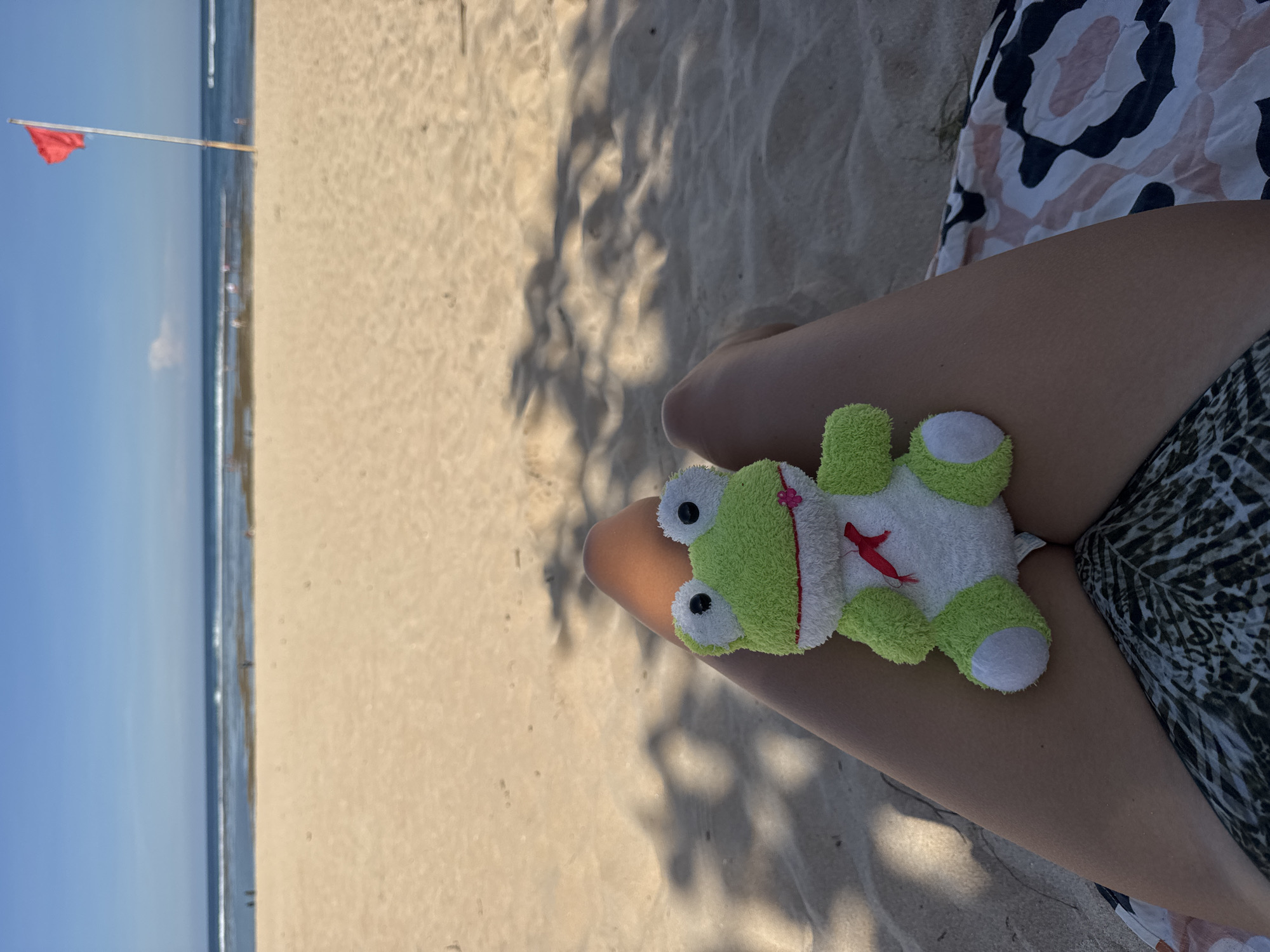 Image taken at a beach in Kuta Selatan, Indonesia. A red flag is visible on the beach. The scene shows a person wearing patterned clothing lounging on the sand with a stuffed frog toy on their lap. The sandy beach stretches out to the ocean under a clear sky. Shadows from nearby trees or structures are visible on the sand.