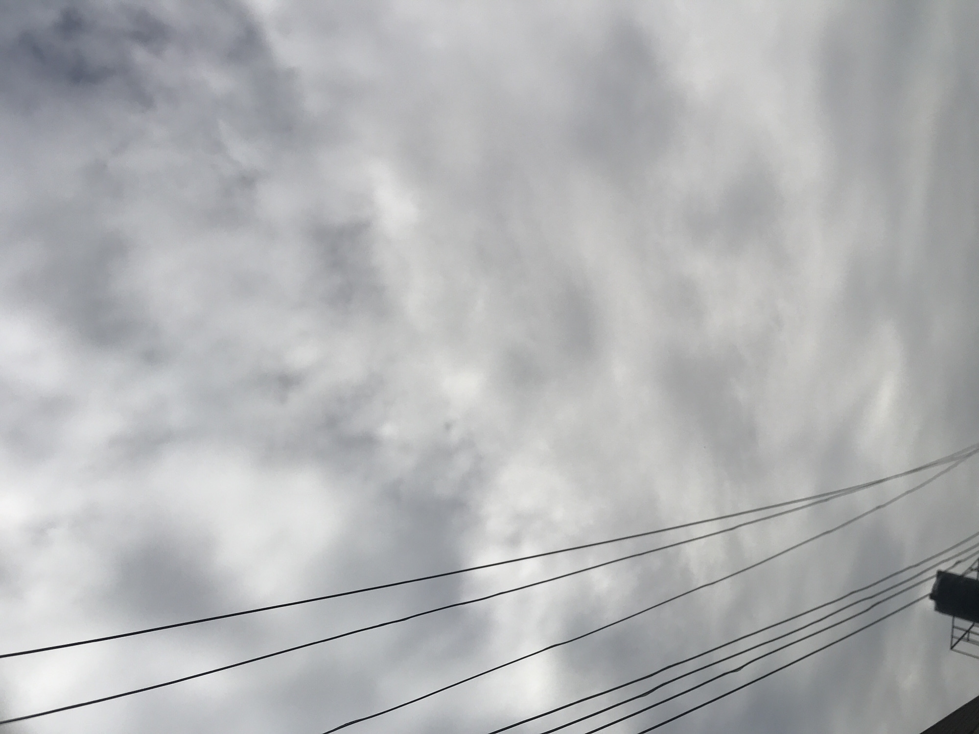 The image depicts a densely overcast sky in Rafin Par, Nigeria, characterized by uniform gray cloud cover with subtle variations in light and shadow across the expanse. Approximately seven dark, taut utility lines or cables traverse the left half of the frame, extending diagonally from the upper left corner downwards towards the lower center. A dark, indistinct structural element, possibly a building corner or utility apparatus, is partially visible along the bottom edge of the image, primarily in the lower left quadrant. No human subjects, animals, or explicit actions are present within the scene. The environment conveys an urban or semi-urban setting under a consistently clouded sky.