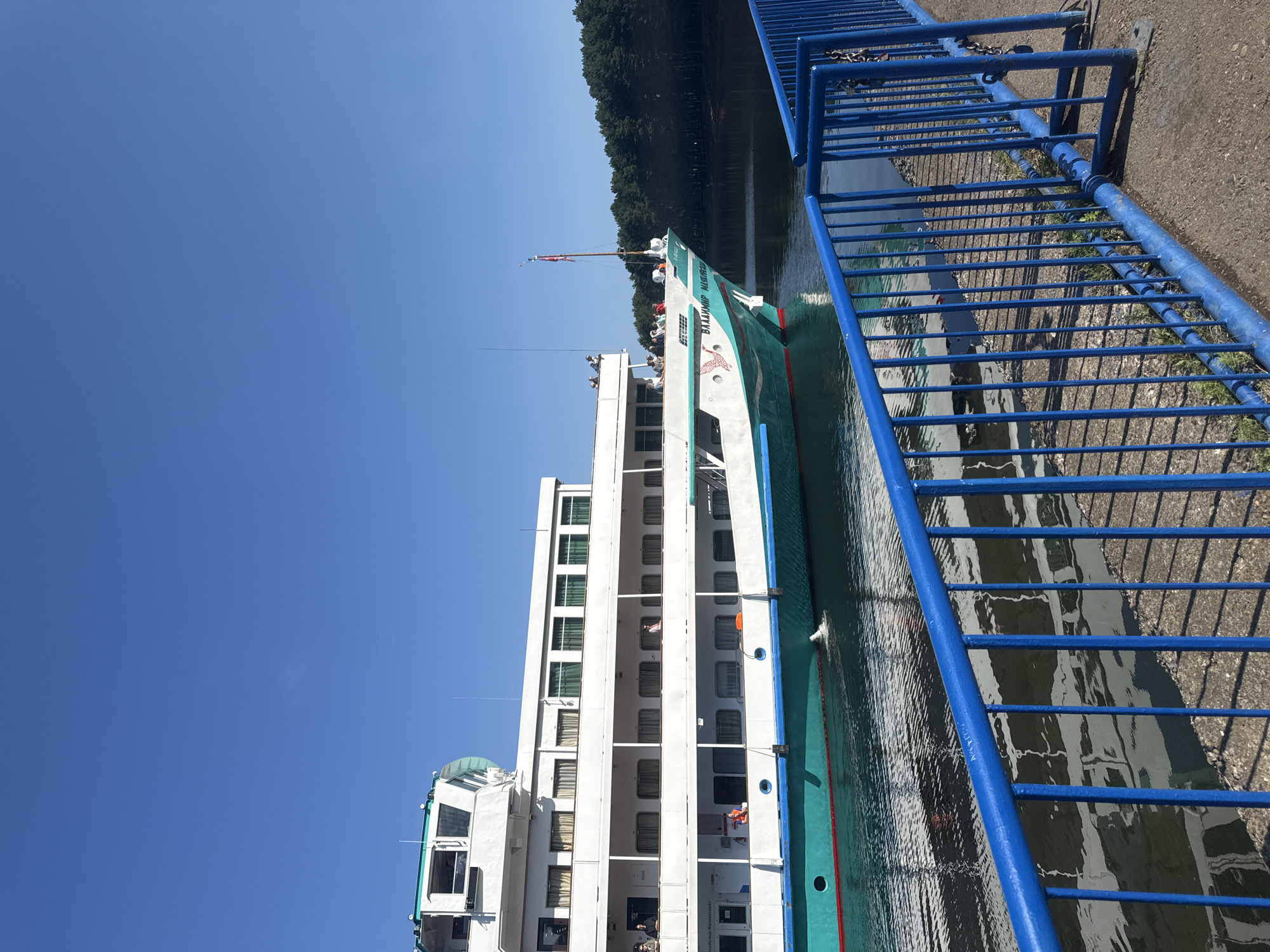 A large white and teal cruise ship is docked or moving slowly along a body of water, likely the Kama River, near the city of Chaikovsky, Russia. The ship has multiple decks with rows of windows and some people can be seen on the upper decks and the bow of the ship. The bow of the ship features a decorative image of a swan or crane and the name "ВЛАДИМИР МАЯКОВСКИЙ" (Vladimir Mayakovsky) in Cyrillic lettering. A bright blue metal railing runs along the foreground, separating the walkway from the water. The sky is clear and blue, and a dense line of dark green trees is visible on the far bank of the river. The water is calm with reflections of the ship and the railing. The scene suggests a sunny day, possibly during the tourist season.