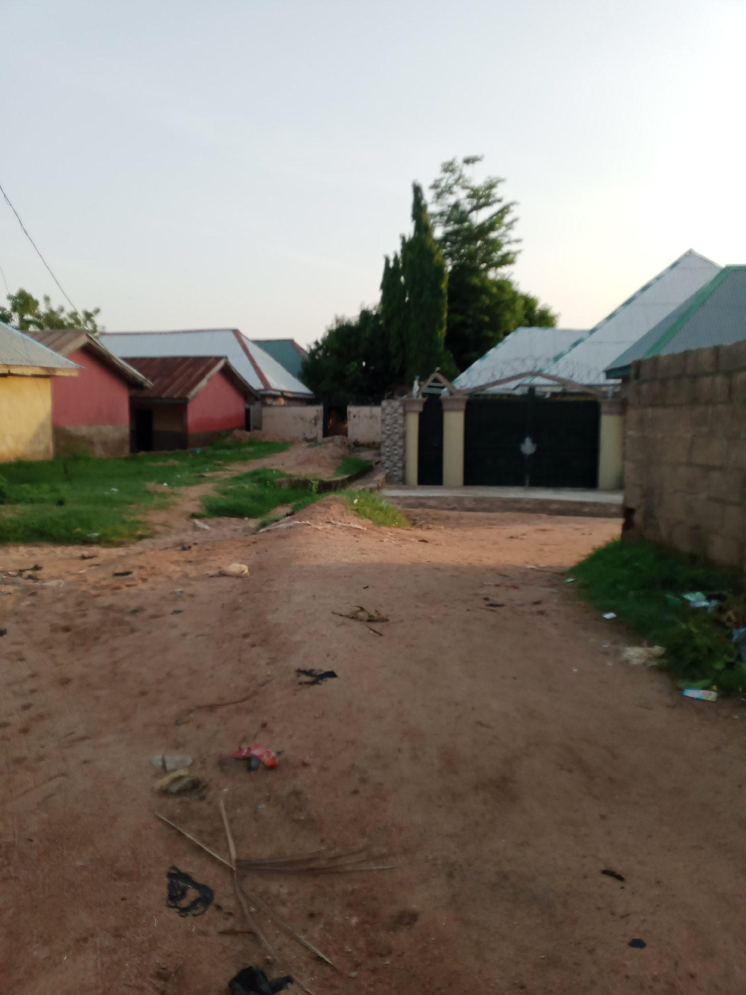 The image depicts a dirt road in Jauro Yinu, Nigeria, lined with various buildings and vegetation. On the left, there are several single-story houses with red and yellow facades and corrugated metal roofs. Some areas show patchy green grass. Further down the road on the right, a large black metal gate is set within a stone wall. Behind the gate, a building with a light-colored roof is partially visible. A tall, slender tree stands behind the gate structure. The road itself is composed of dry, reddish-brown soil, with scattered debris including plastic bags, leaves, and what appear to be dried plant stems. The sky is a pale, clear blue, suggesting it is daytime, possibly late afternoon due to the lighting casting some shadows. There are no people visible in the scene.