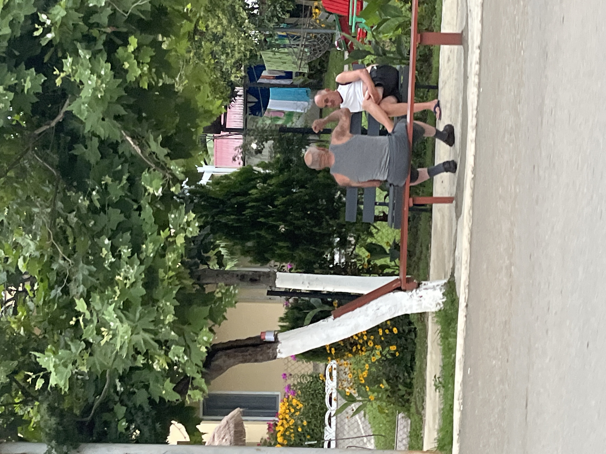 In Ureki, Georgia, two men are seated on a red bench under a large tree with green foliage. The man on the left is wearing a grey tank top and shorts, with dark socks and shoes, and appears to be gesturing with his right hand. The man on the right is wearing a white tank top and dark shorts, with blue flip-flops, and is looking towards the man on the left. Behind the bench, a clothesline with various items of clothing hangs, and further back, a building with a thatched-roof structure is visible. The scene is set in a garden with blooming yellow and pink flowers.