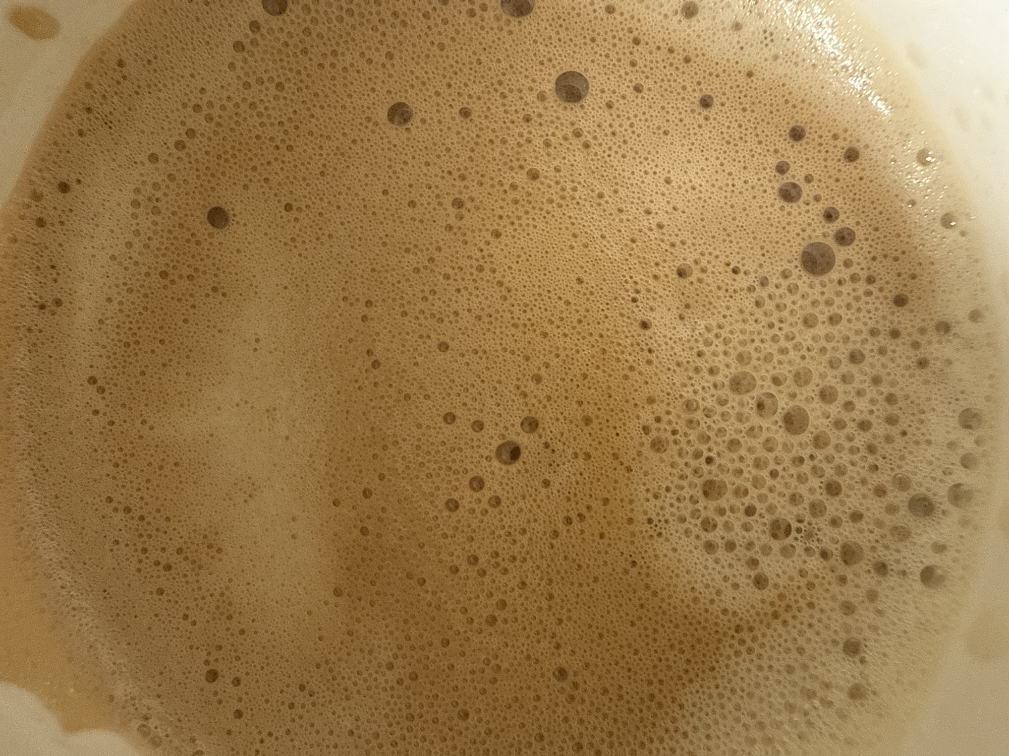 The media file presents a very close-up, top-down view of the frothy surface of a beverage, likely coffee or a coffee-based drink, contained within a cup or mug.
The primary subject is the dense, textured foam. The foam is a uniform light to medium brown or tan color, completely covering the liquid underneath. It consists of countless small, tightly packed bubbles, which form a fine, consistent texture across the majority of the surface. Scattered throughout this fine foam are numerous larger, more distinct spherical bubbles of varying sizes. These larger bubbles appear darker in hue, possibly due to their depth or the concentration of coffee within them, and they are irregularly distributed across the foam, creating visual interest. Some clusters of these larger bubbles are more prominent towards the right and upper right sections of the image.
The edges of a white or light-colored container, possibly a ceramic cup or mug, are visible along the right side and top curve of the image, where the foam meets the rim. Subtle highlights on some of the bubbles indicate the presence of a light source, likely overhead or slightly to the right. No specific activity or event is taking place; the image is a still life capturing the aesthetic details of the drink's surface. No people or specific outdoor scene elements are visible. The time of day, weather, and specific location cannot be determined from the image. There is no visible text.