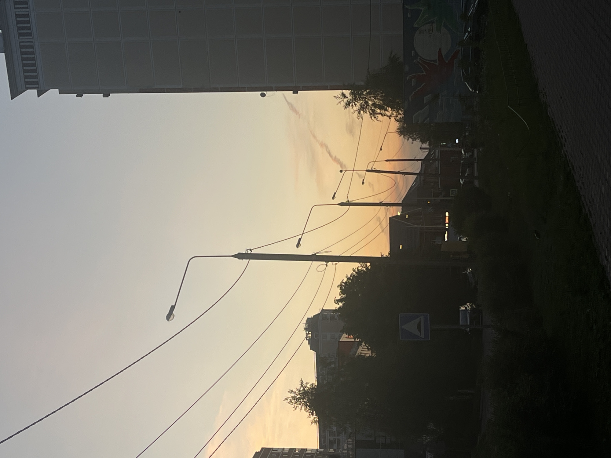 The image depicts an urban or suburban street scene at dusk or sunset, characterized by a warm, gradient sky and silhouetted elements.
The sky transitions from a light, desaturated blue at the top to a vibrant peach and orange hue at the horizon. A prominent, elongated contrail, exhibiting reddish-pink tones, stretches across the middle-right portion of the orange sky.
In the upper-left quadrant, multiple dark utility wires or power lines traverse the frame horizontally. A tall, dark streetlight pole stands in the center-left, featuring a curved arm with a single light fixture. Additional streetlights are visible further down the street, receding into the distance.
On the far left, a multi-story building is partially visible behind dark, silhouetted trees. A dense mass of dark foliage, likely trees and bushes, occupies the mid-ground across the width of the image, casting deep shadows.
In the lower-center, a blue square road sign with a white inverted 'V' symbol (indicating a speed bump) is mounted on a pole, partially obscured by shadows. A dark vehicle is faintly discernible behind the foliage near this sign.
The entire right side of the image is dominated by a large, multi-story building, appearing as a dark silhouette against the sky. Its top features a decorative cornice with vertical elements. A small, dark, spherical object is visible on the building's facade, approximately two-thirds up from the bottom. Below this building, a large, colorful mural or graffiti art covers a wall, depicting abstract shapes including a prominent red, hand-like form and a circular element.
The foreground on the right side features a paved sidewalk with a distinctive brick or paver pattern. A dark, low fence or railing runs along the edge of a grassy area, also heavily shadowed. No human figures are present in the scene. The overall lighting suggests the sun is low on the horizon, backlighting much of the environment. The location is an unknown street in the city of Unknown, Unknown.