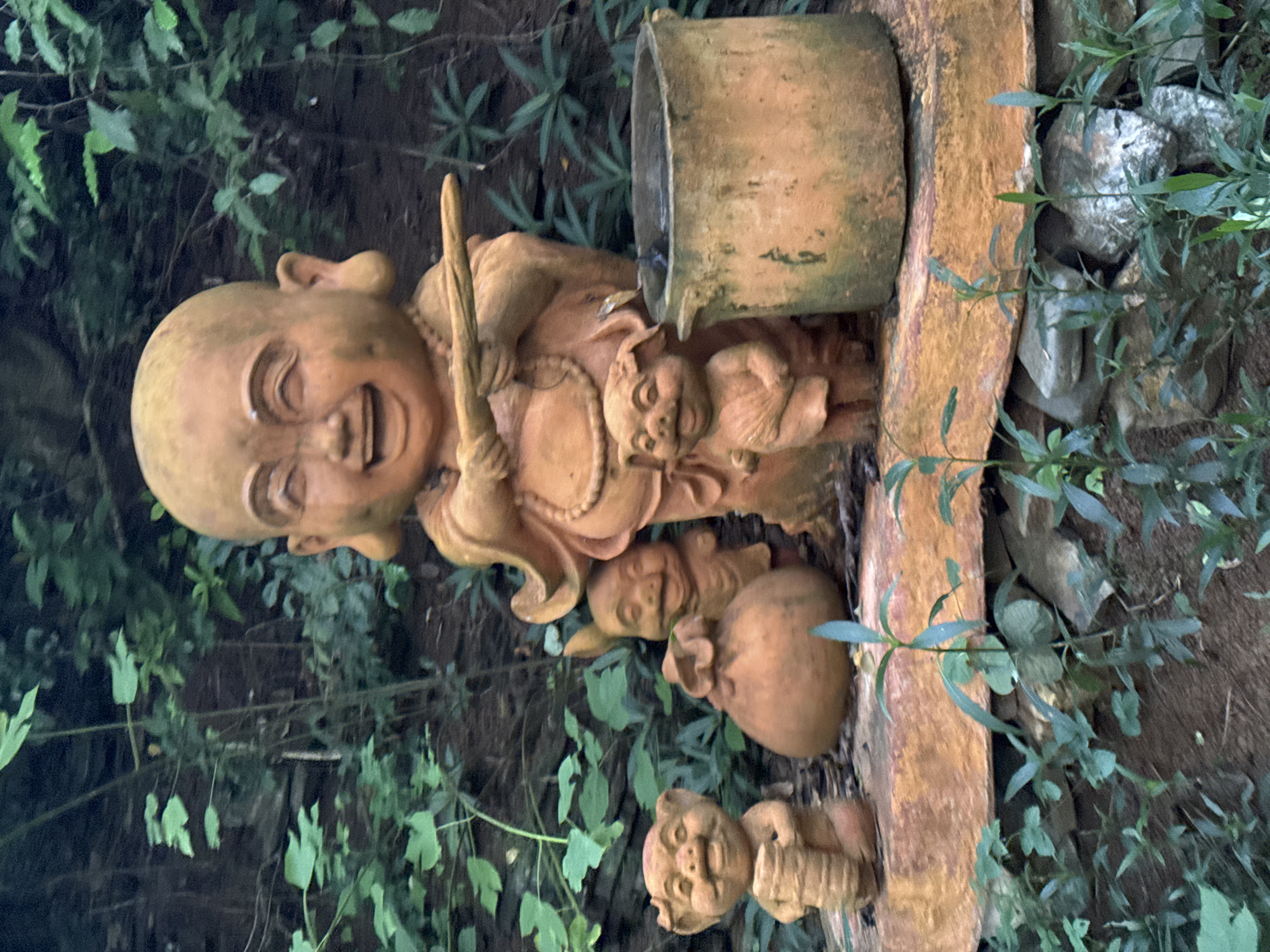 In Tây Hoa Lư Ward, Vietnam, a collection of terracotta statues is arranged on a stone ledge amidst lush greenery. The central figure is a large, smiling Buddha statue, holding a wooden stick. To the left of the Buddha, there are three smaller statues: one resembling a piglet holding a cylindrical object, another appearing to be a sack, and a third, also piglet-like, standing with its hands clasped. To the right of the Buddha, there is a weathered terracotta pot filled with water. The statues are placed on a reddish-orange, curved stone platform, with dark soil and rocks visible beneath, and various plants growing around them, including small leafy sprigs in the foreground. The background is dominated by dense foliage and trees, suggesting a natural or garden setting.